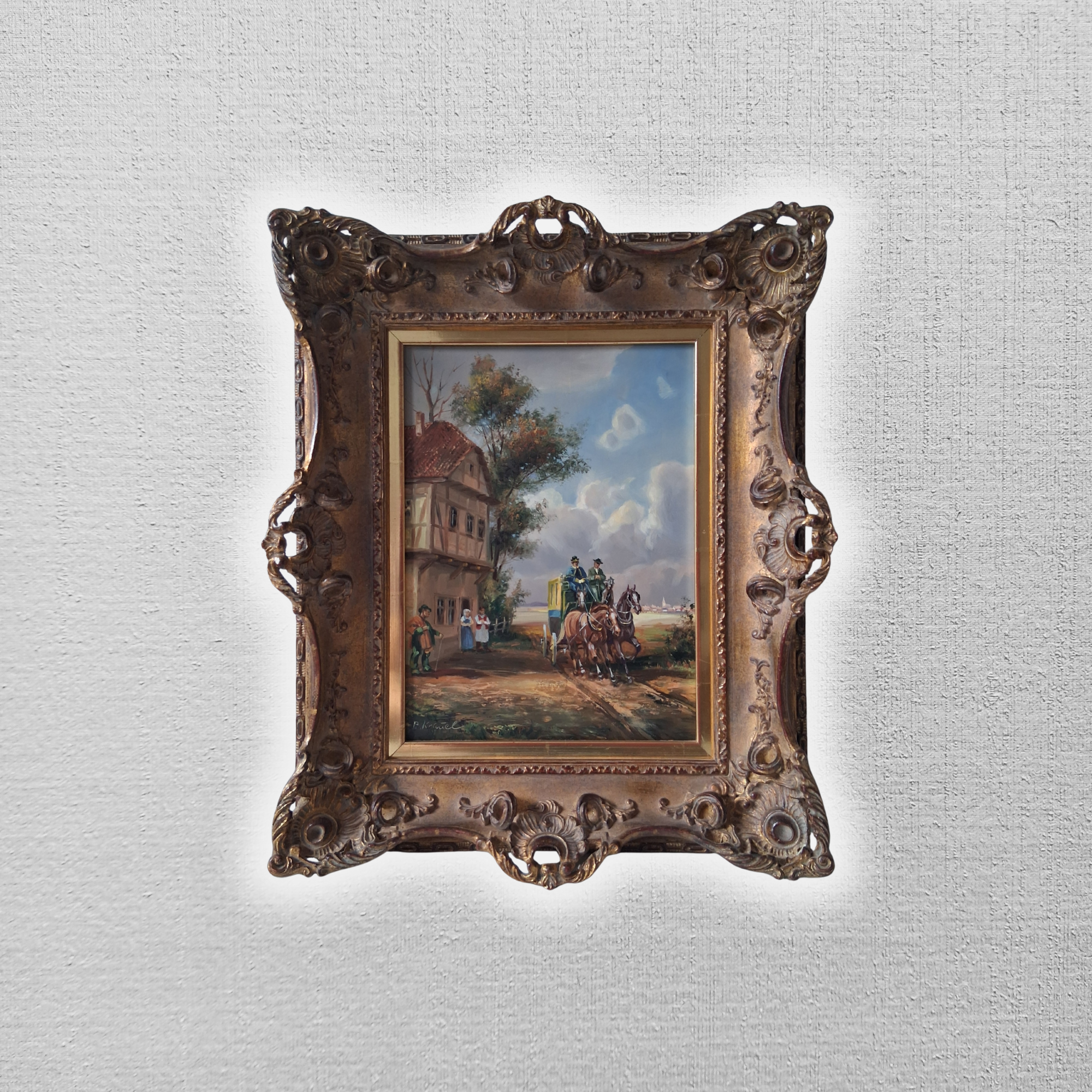 BRUNO KRAUEL (1907-1999) | Postkutsche | ORIGINAL Ölgemälde auf Holzplatte inkl. Barockrahmen