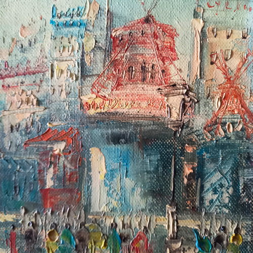 Altes Ölgemälde handgemalt mit Holzrahmen | Moulin Rouge / Paris / Abstrakt | ORIGINAL & Signiert