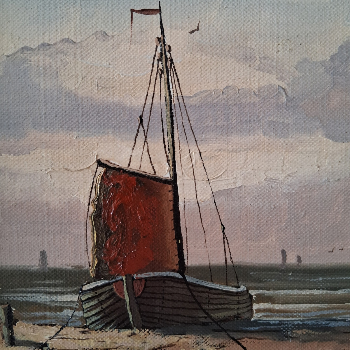 Altes Ölgemälde handgemalt mit Rahmen | Bomschuit / Fischerboot am Strand | ORIGINAL & Signiert