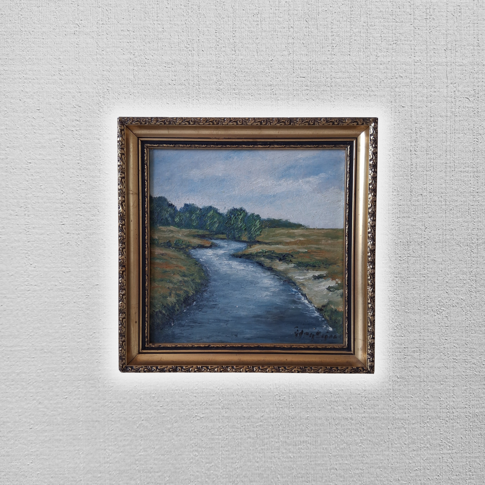 ORIGINAL Ölgemälde auf Leinwand inkl. antikem Rahmen | Flusslandschaft | 36x36 cm | Signiert