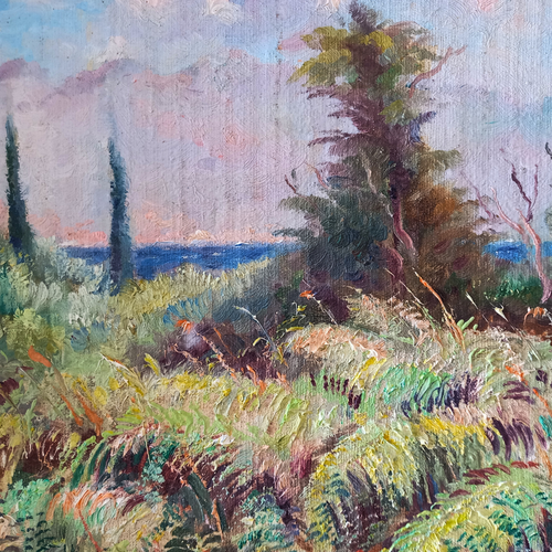 Altes Ölgemälde handgemalt mit Holzrahmen | Farnlandschaft / Natur | 33x28 cm | Signiert