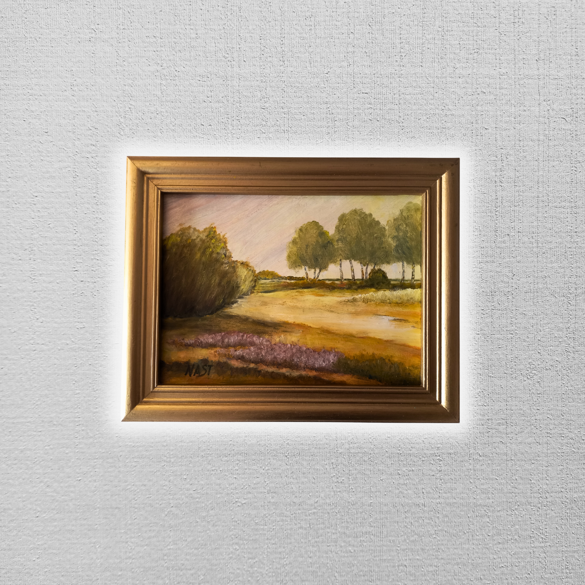 ORIGINAL Ölgemälde auf Karton inkl. Rahmen | Heidelandschaft | 28x22 cm | Signiert: NAST