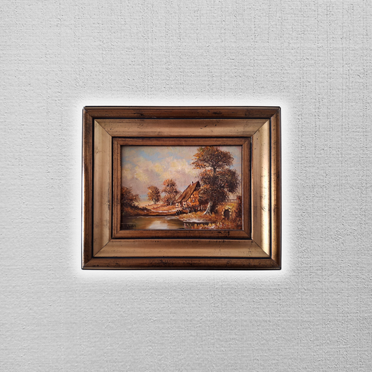 ORIGINAL Ölgemälde auf Karton inkl. Rahmen | Bauernhaus / Landschaft | 29x24 cm | Signiert