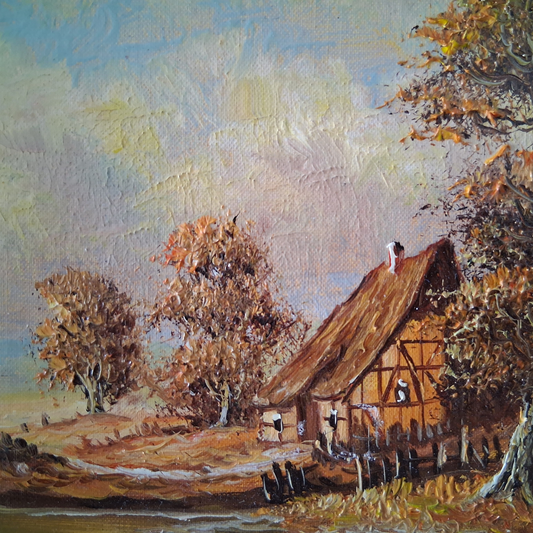 ORIGINAL Ölgemälde auf Karton inkl. Rahmen | Bauernhaus / Landschaft | 29x24 cm | Signiert