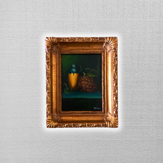 ORIGINAL Ölgemälde auf Karton inkl. Rahmen | Stillleben / Weintrauben | 21x26 cm | Signiert