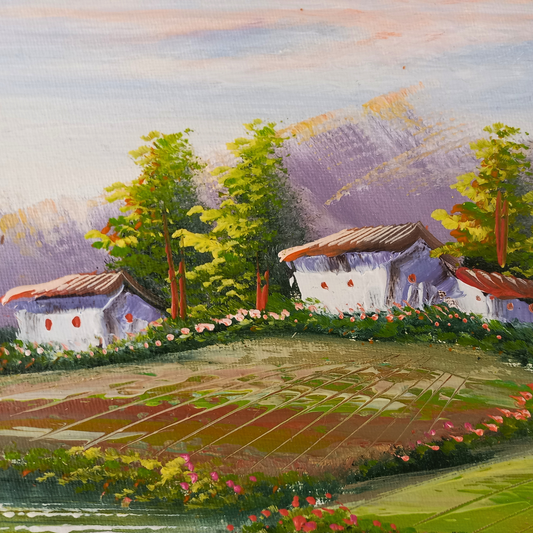 ORIGINAL Ölgemälde auf Leinwand inkl. Rahmen | Flusslandschaft / Berge | 38x33 cm | Signiert