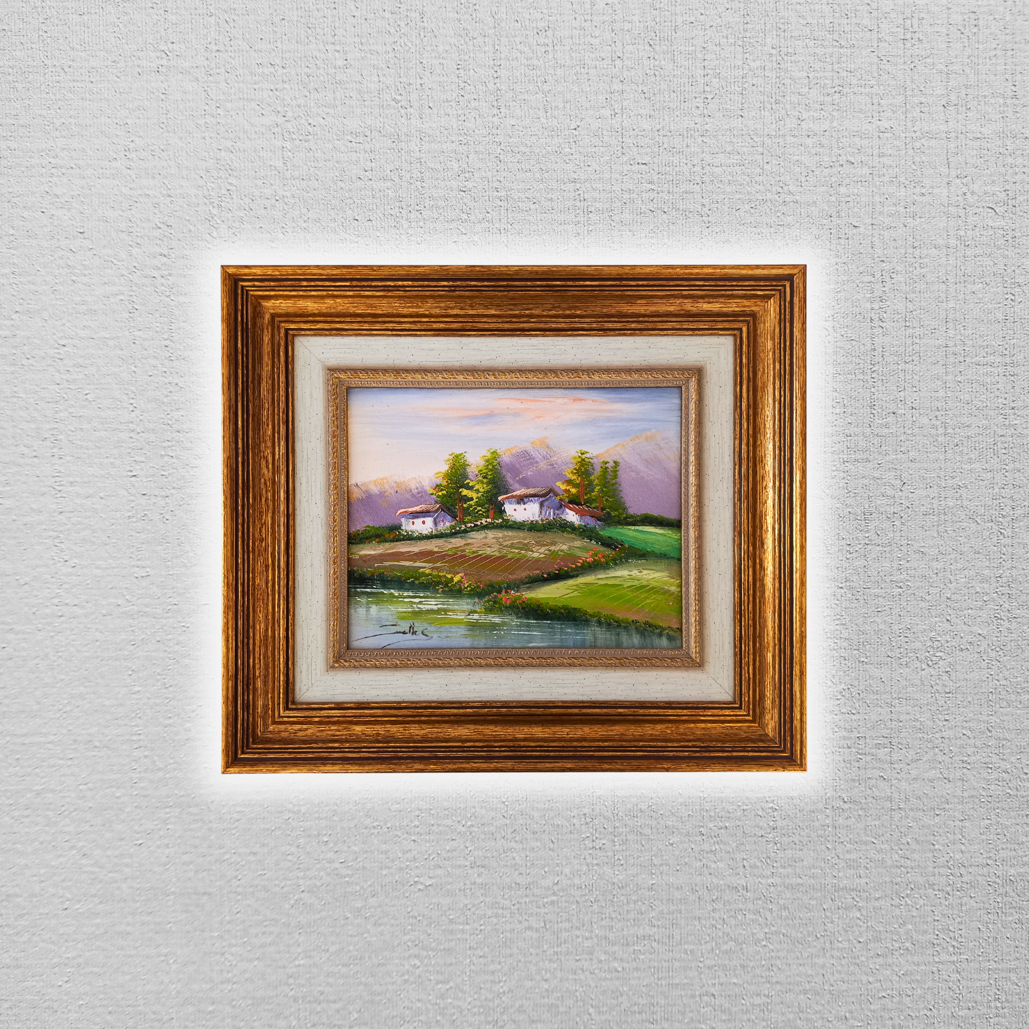 ORIGINAL Ölgemälde auf Leinwand inkl. Rahmen | Flusslandschaft / Berge | 38x33 cm | Signiert