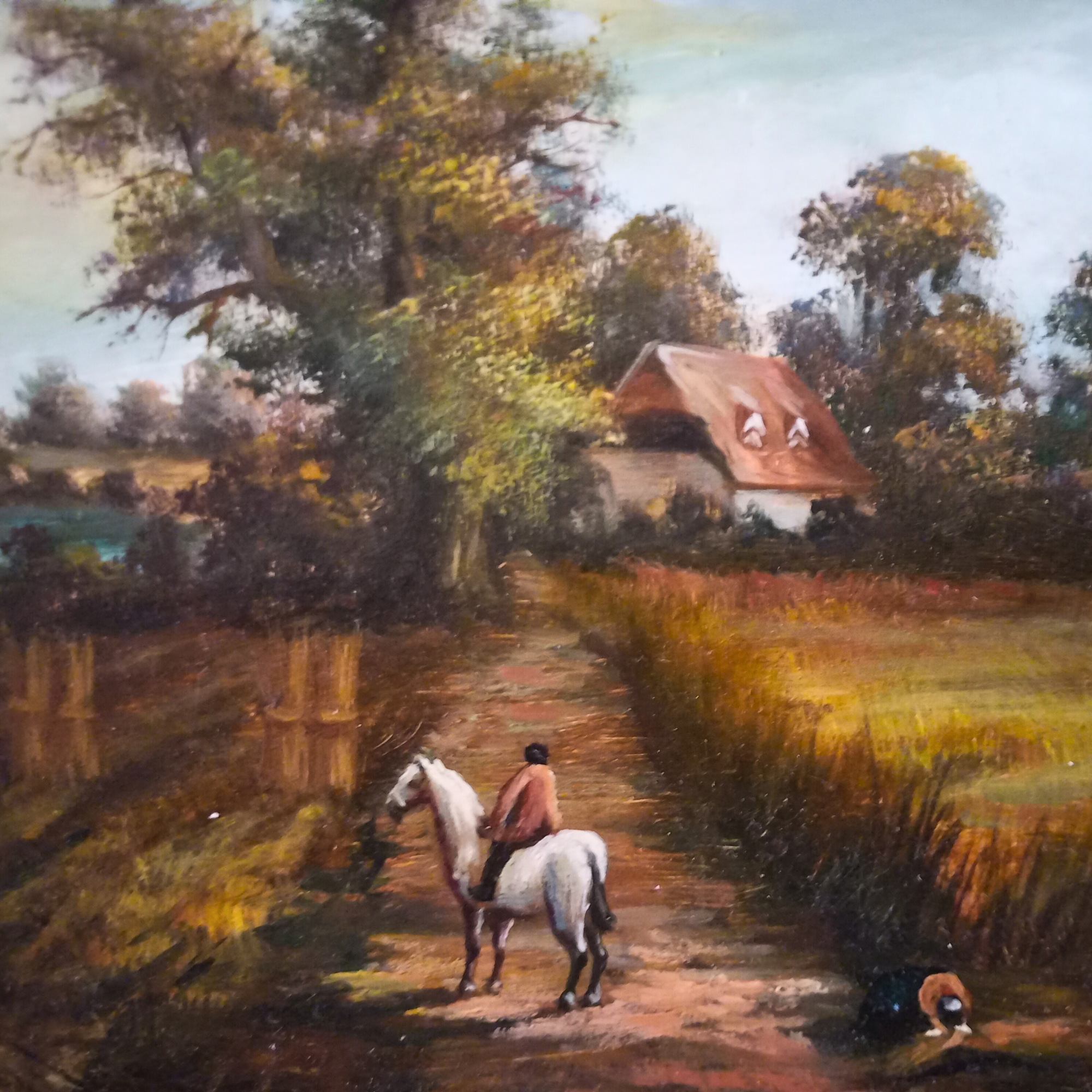 ORIGINAL Ölgemälde auf Holzplatte inkl. Rahmen | Reiter mit Pferd / Bauernhaus / Natur | 31x26 cm