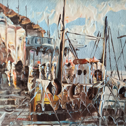 ORIGINAL Ölgemälde auf Karton | Fischerboote im Hafen | 19x14 cm | Signiert: N. JONES