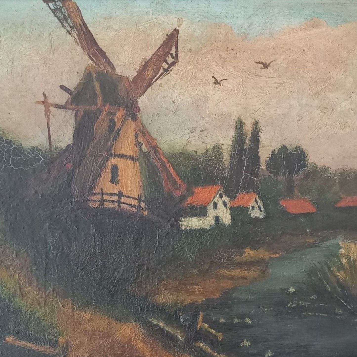 ORIGINAL Ölgemälde auf Leinwand inkl. Rahmen | Landschaft / Windmühle | 44x34 cm | Signiert