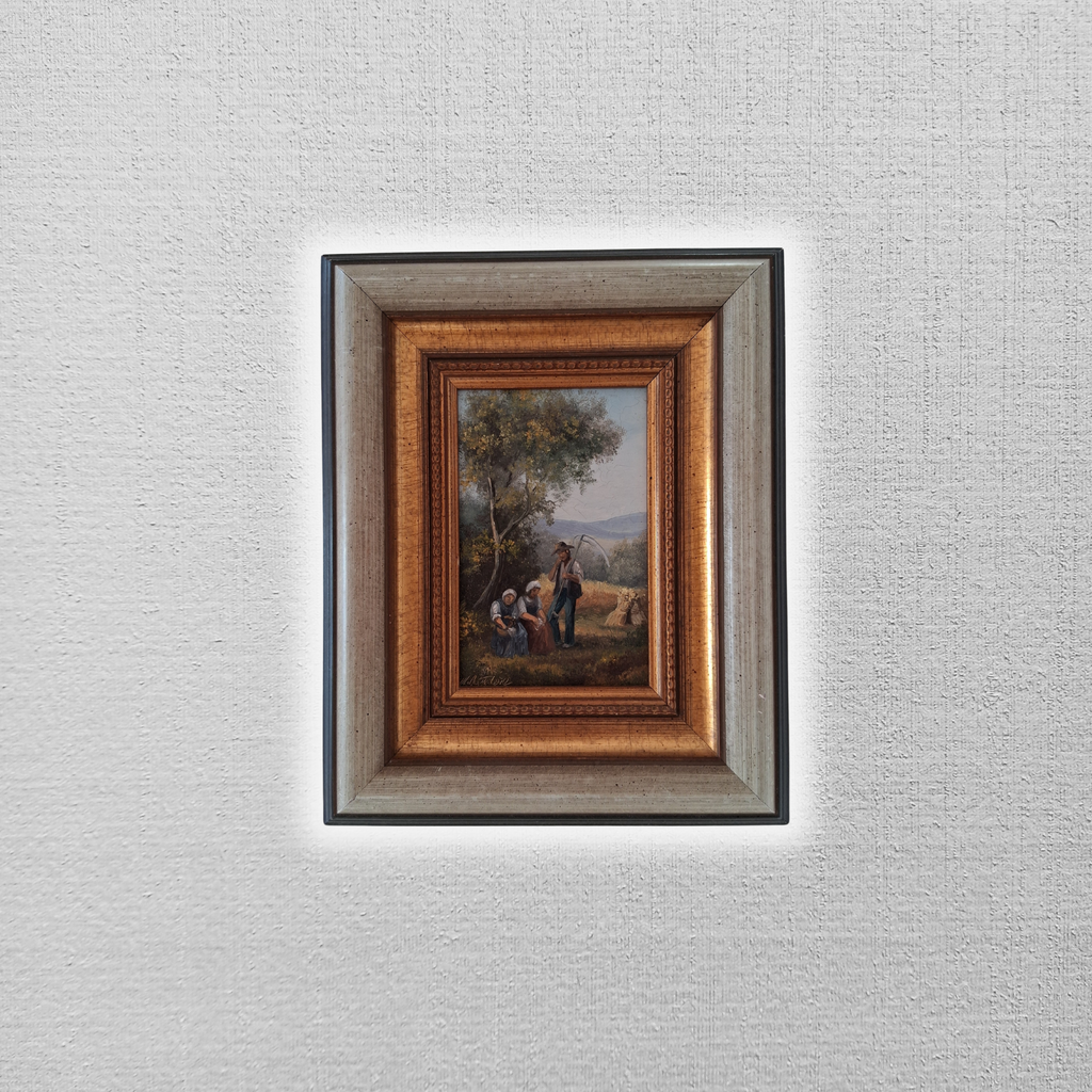 ORIGINAL Ölgemälde auf Holzplatte inkl. Rahmen | Landwirtschaft / Heuernte / Figuren | Signiert