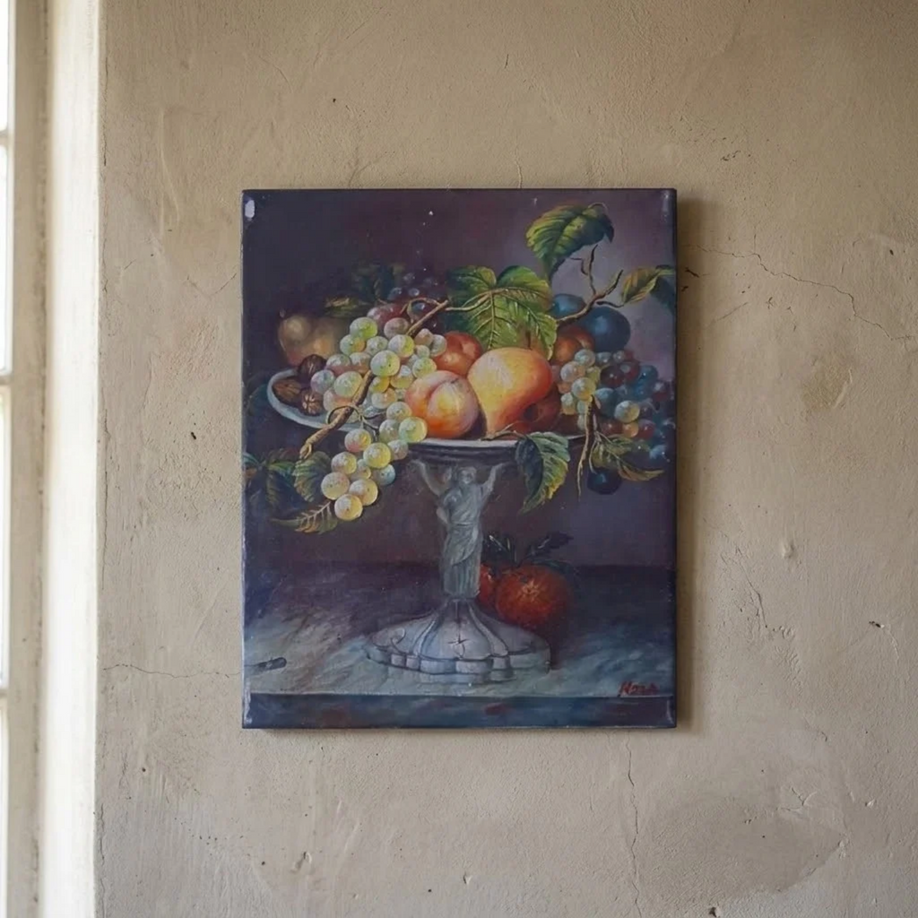 Altes Ölgemälde handgemalt auf Leinwand | Stillleben / Obstschale / Weintrauben | 20x25 cm | Signiert