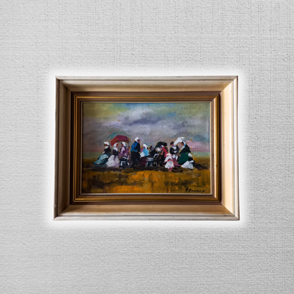 ORIGINAL Ölgemälde auf Karton inkl. Rahmen | Picknick am Strand / Abstrakt / Figuren | Signiert