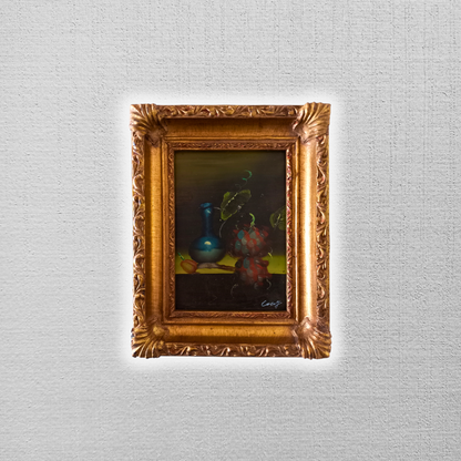 ORIGINAL Ölgemälde auf Karton inkl. Rahmen | Stillleben / Weintrauben | 21x26 cm | Signiert