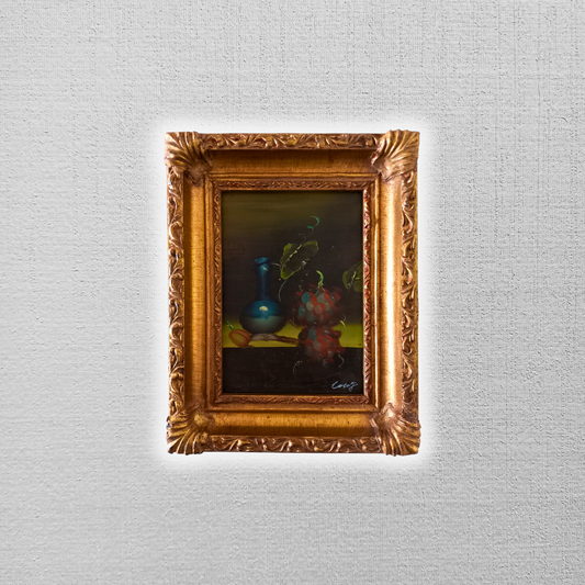 ORIGINAL Ölgemälde auf Karton inkl. Rahmen | Stillleben / Weintrauben | 21x26 cm | Signiert