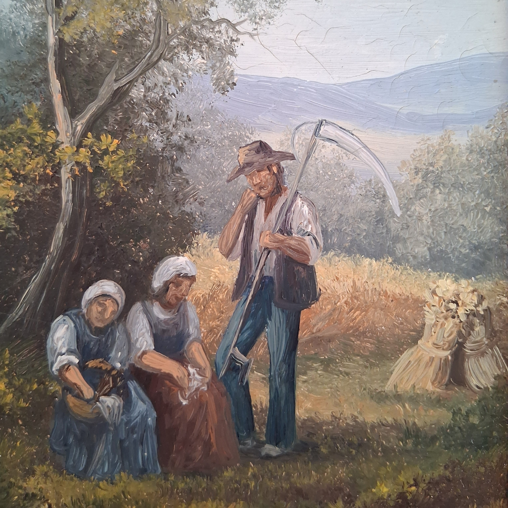 ORIGINAL Ölgemälde auf Holzplatte inkl. Rahmen | Landwirtschaft / Heuernte / Figuren | Signiert