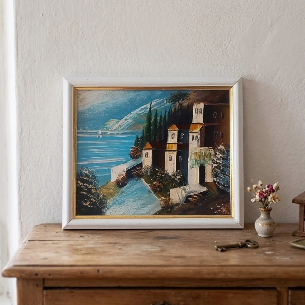 Altes Ölgemälde handgemalt mit Holzrahmen | Landschaft / Meer / Küste | 27x23 cm | Vintage