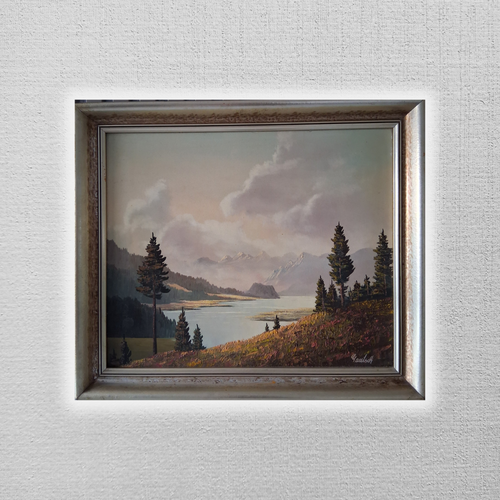 Altes Ölgemälde schneebedeckte Berglandschaft am See mit Rahmen