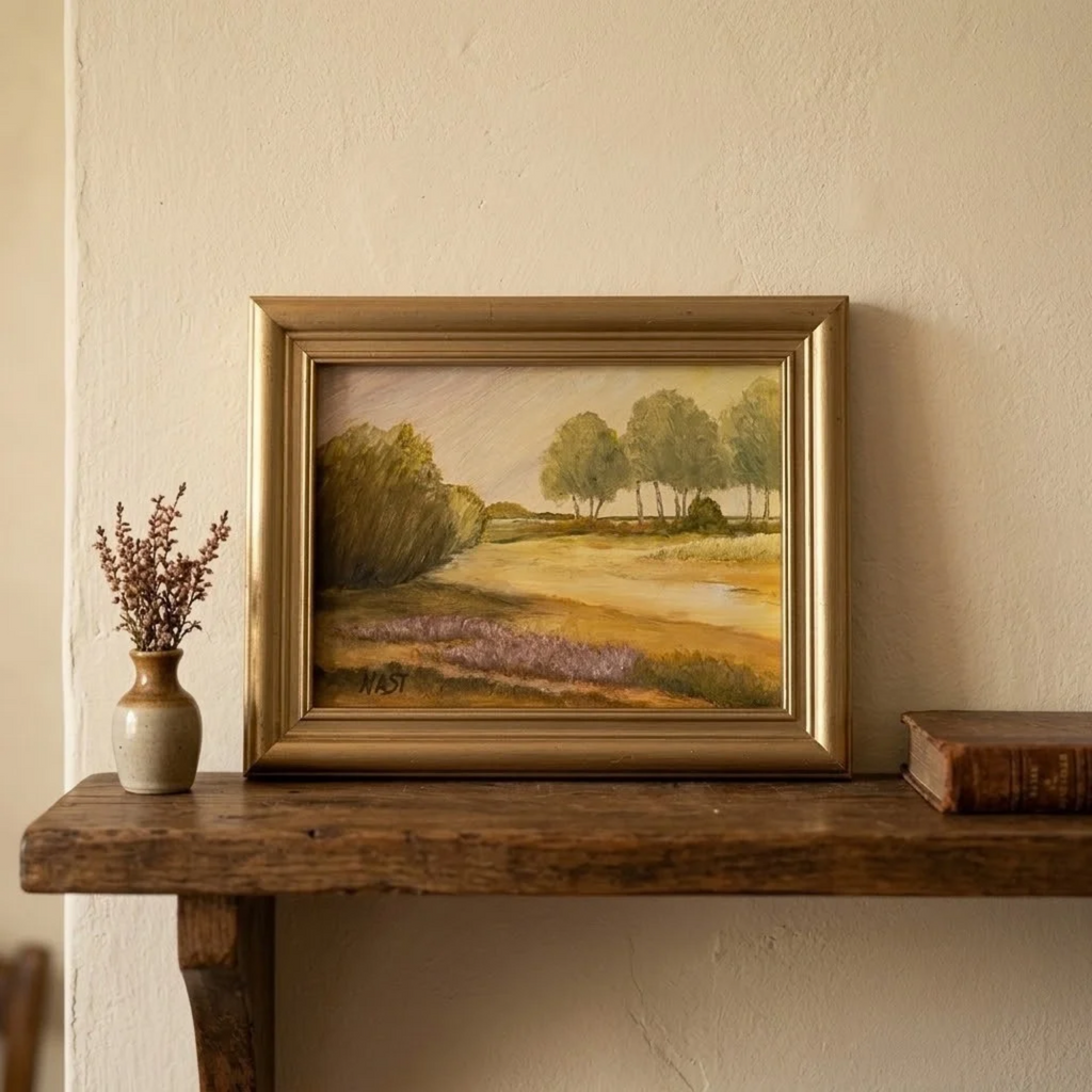 Altes Ölgemälde handgemalt mit Holzrahmen | Heidelandschaft | 28x22 cm | ORIGINAL & Signiert