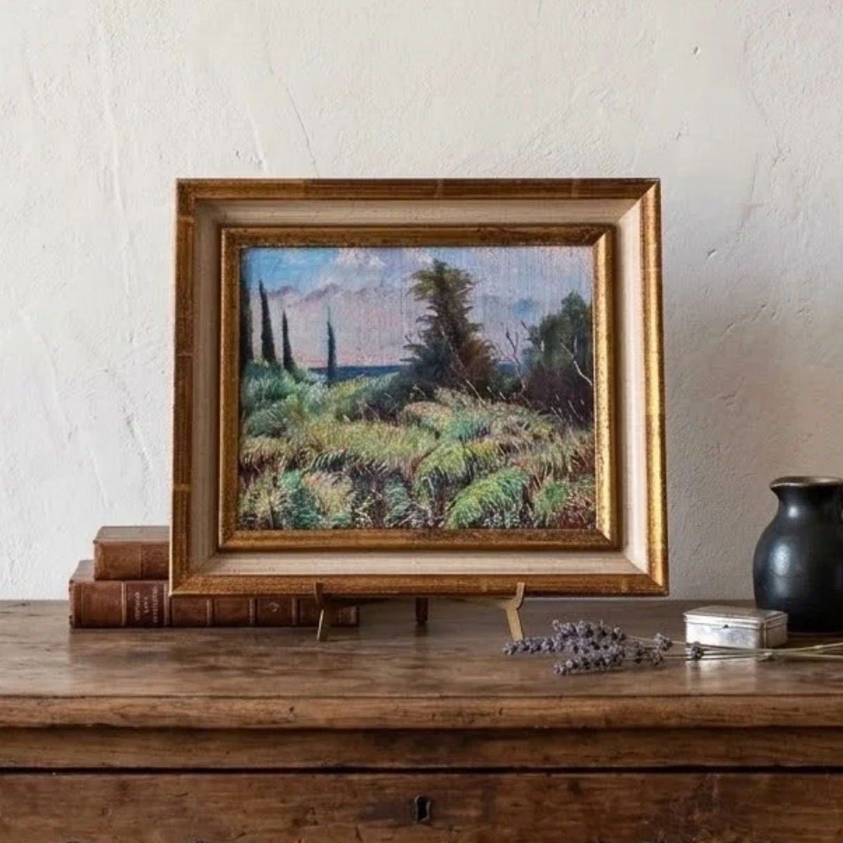 Altes Ölgemälde handgemalt mit Holzrahmen | Farnlandschaft / Natur | 33x28 cm | Signiert