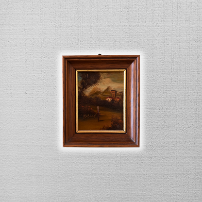 SELTENES KLEINES Ölgemälde auf Kupferplatte inkl. Rahmen | Landschaft / Burg / Italien | Signiert