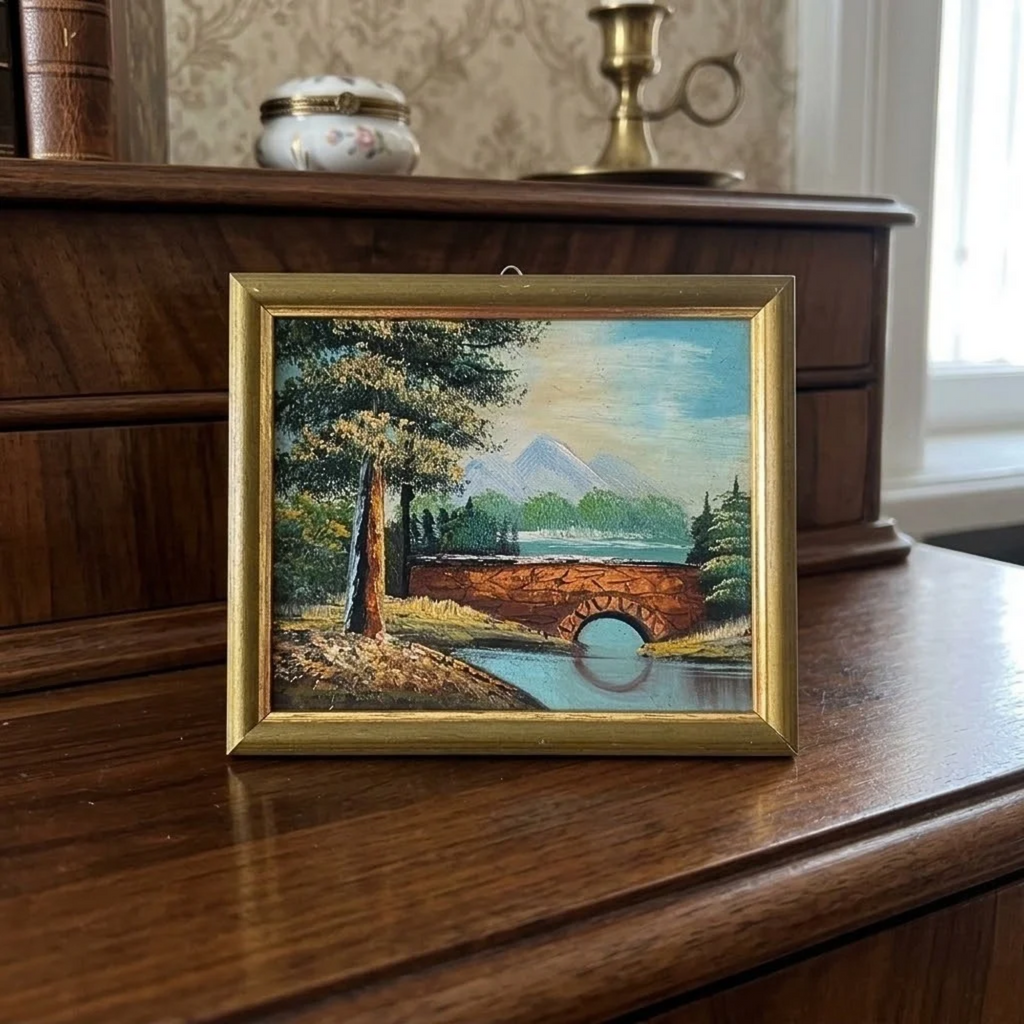 Altes Ölgemälde handgemalt mit Holzrahmen | Landschaft / Natur / Fluss | 27x23 cm | Vintage