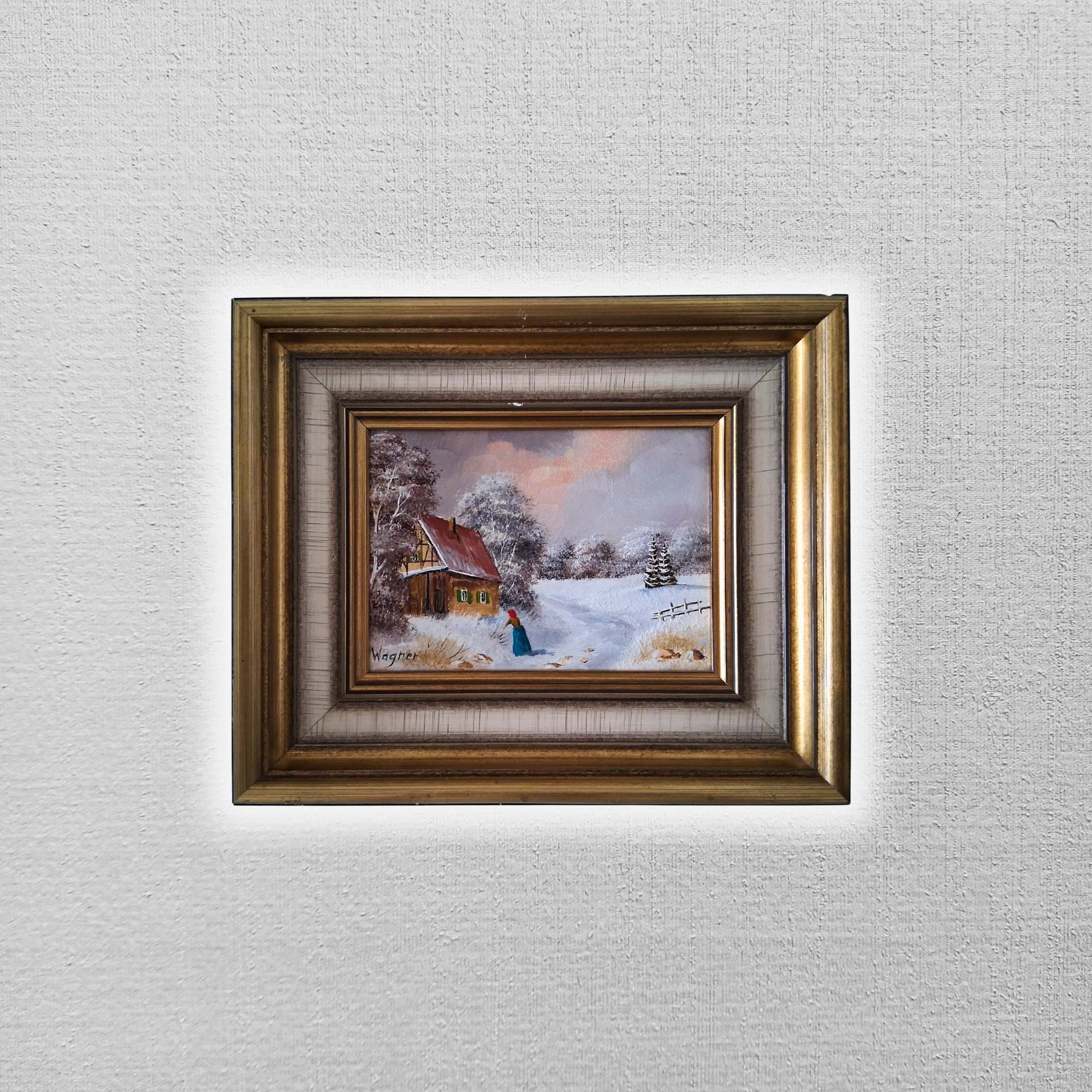 ORIGINAL Ölgemälde auf Karton inkl. Rahmen | Bauernhaus / Winterlandschaft mit Figur | Signiert