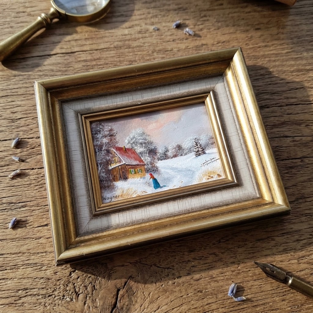 ORIGINAL Ölgemälde auf Karton inkl. Rahmen | Bauernhaus / Winterlandschaft mit Figur | Signiert