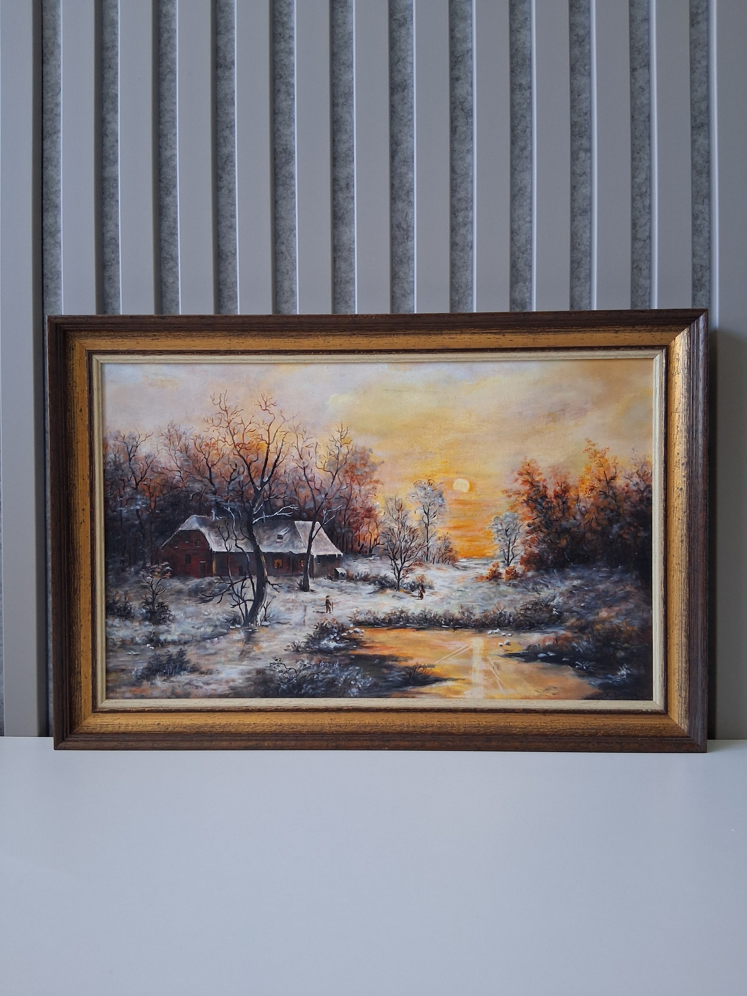 ORIGINAL Ölgemälde auf Leinwand inkl. Rahmen | Winterlandschaft mit Bauernhaus | Signiert