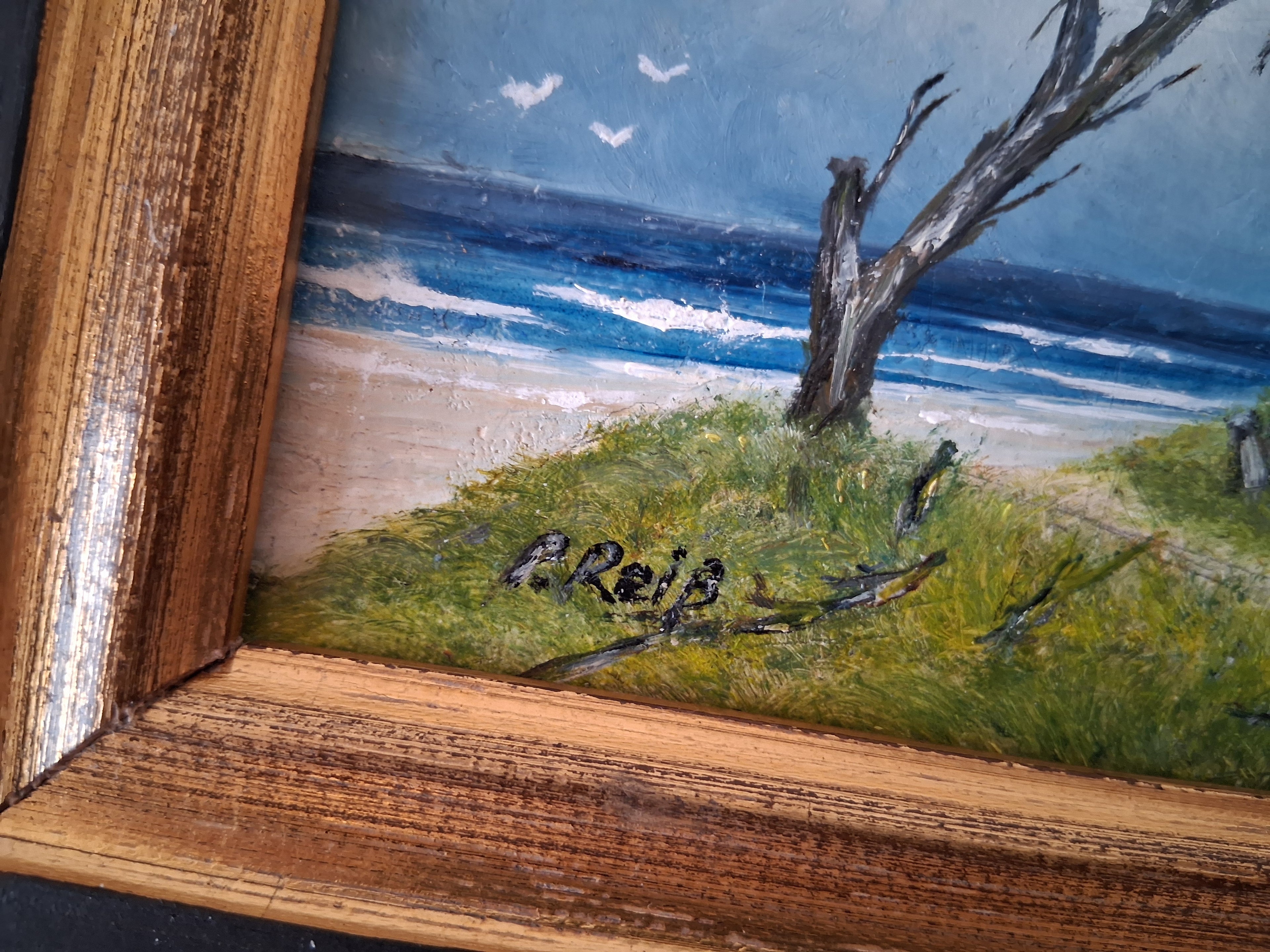 ORIGINAL Ölgemälde auf Karton inkl. Rahmen | Küstenlandschaft / Meer | 25x20 cm | Signiert