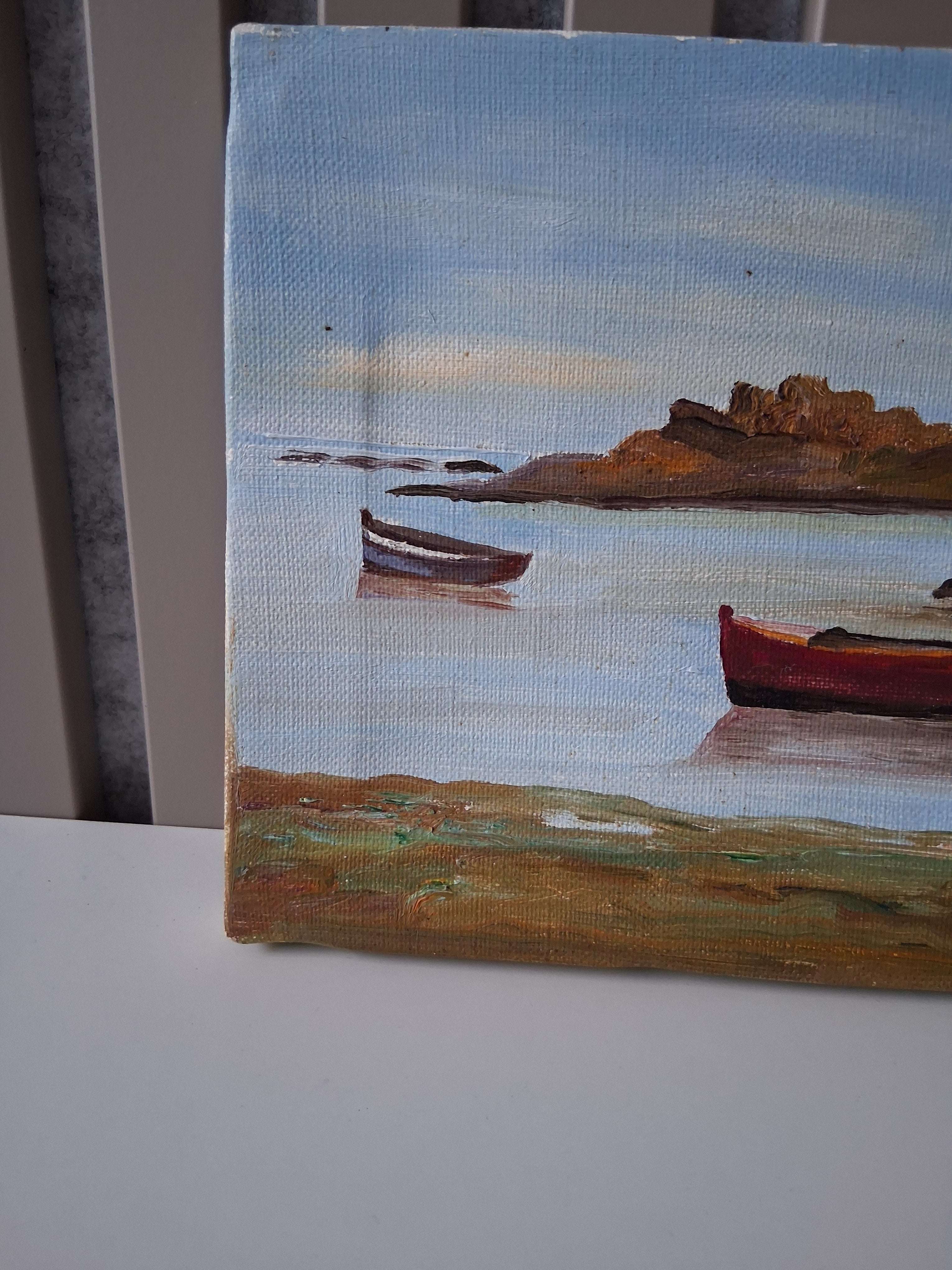 ORIGINAL Ölgemälde auf Leinwand | Bucht mit Fischerbooten in der Bretagne | 24x16 cm | Signiert
