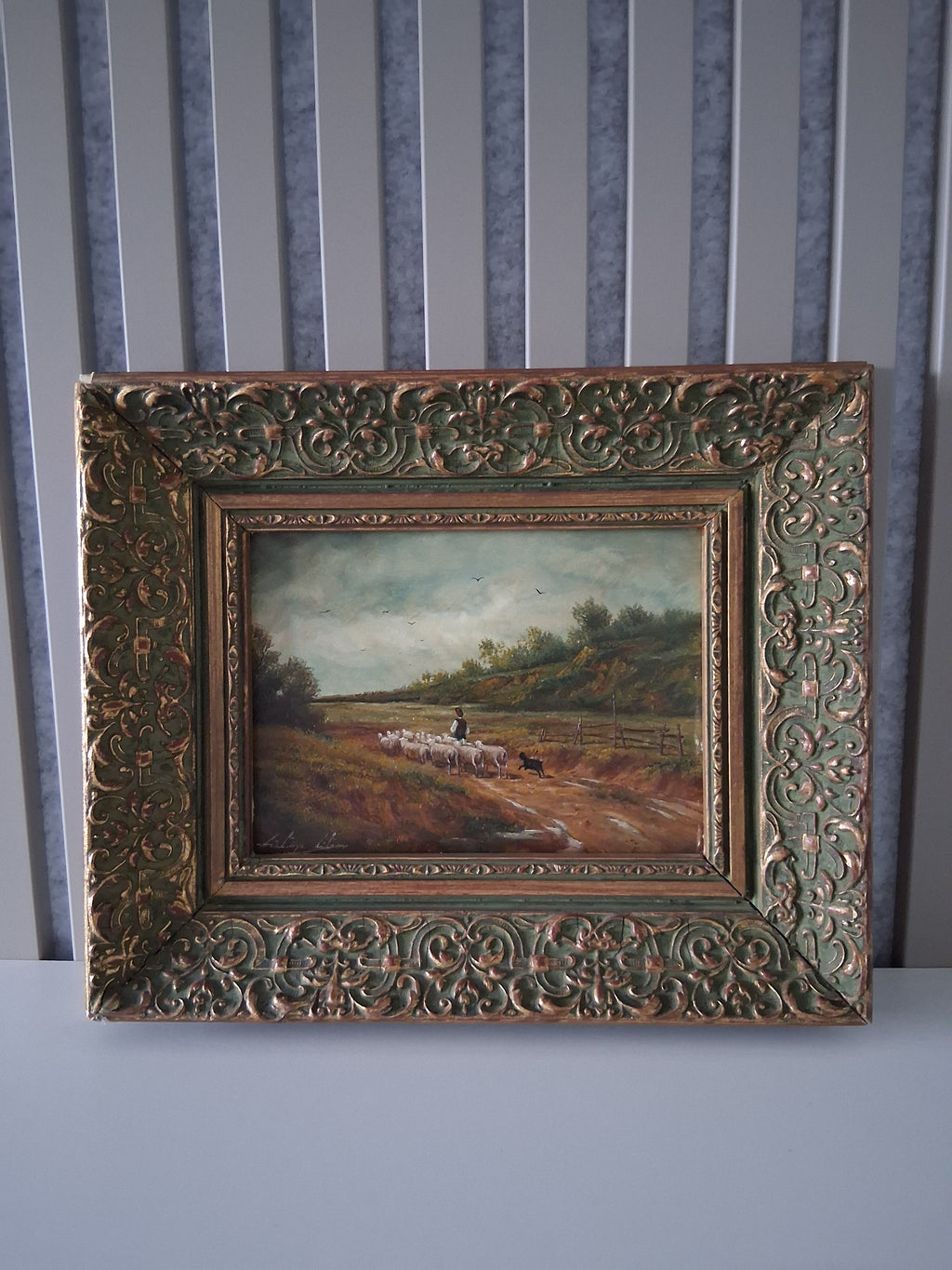 Altes Ölgemälde handgemalt mit antikem Rahmen | Schafherde auf dem Landweg | ORIGINAL & Signiert