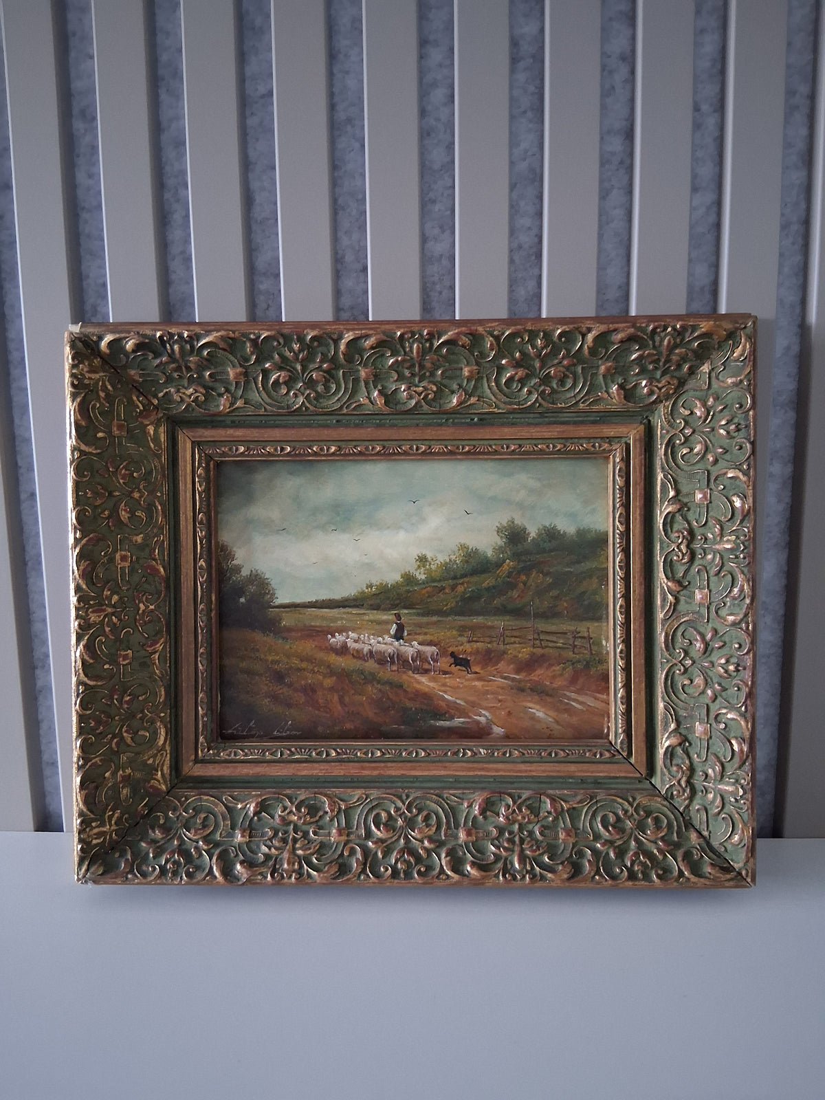 Altes Ölgemälde handgemalt mit antikem Rahmen | Schafherde auf dem Landweg | ORIGINAL & Signiert