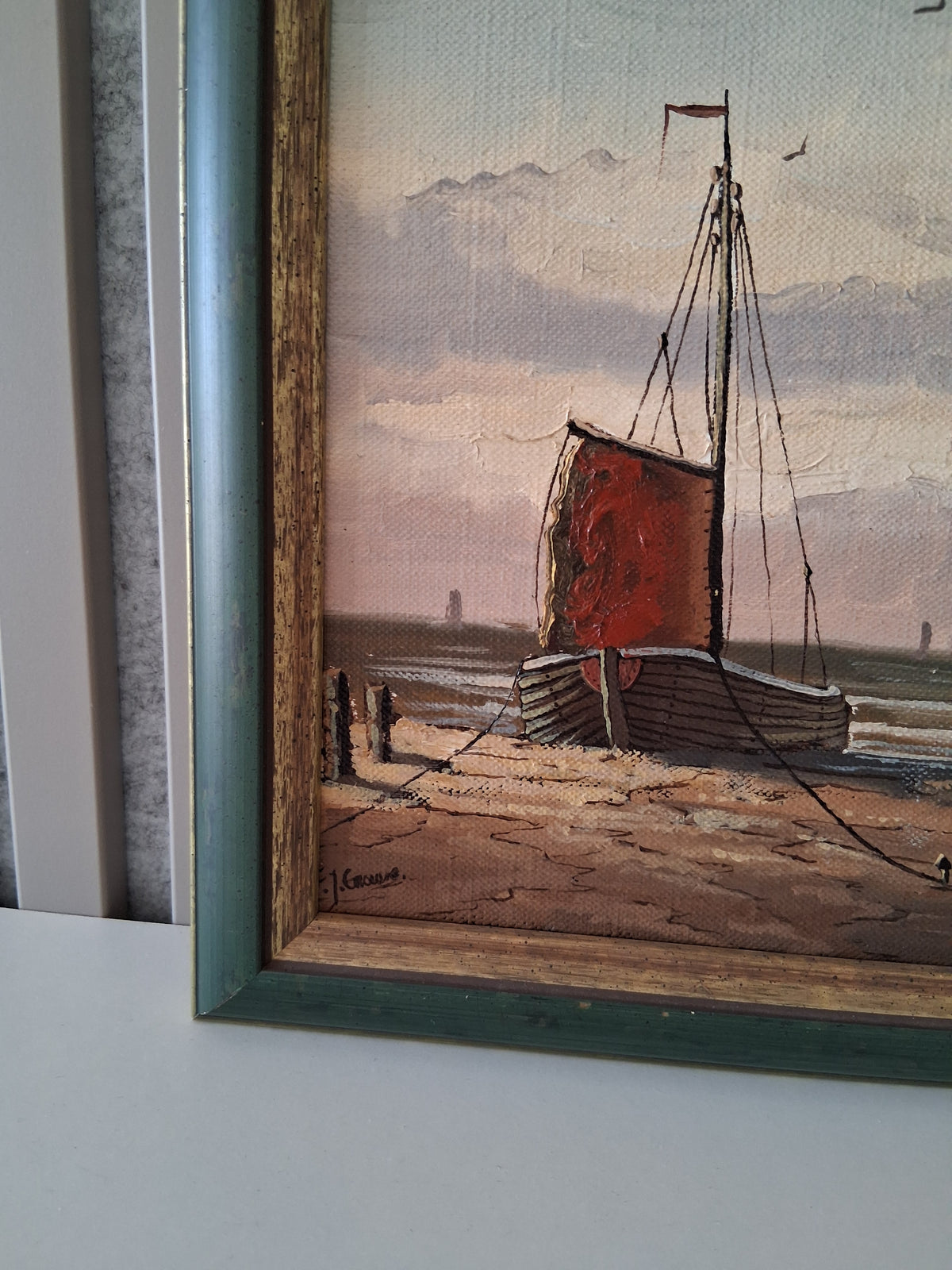 Altes Ölgemälde handgemalt mit Rahmen | Bomschuit / Fischerboot am Strand | ORIGINAL & Signiert