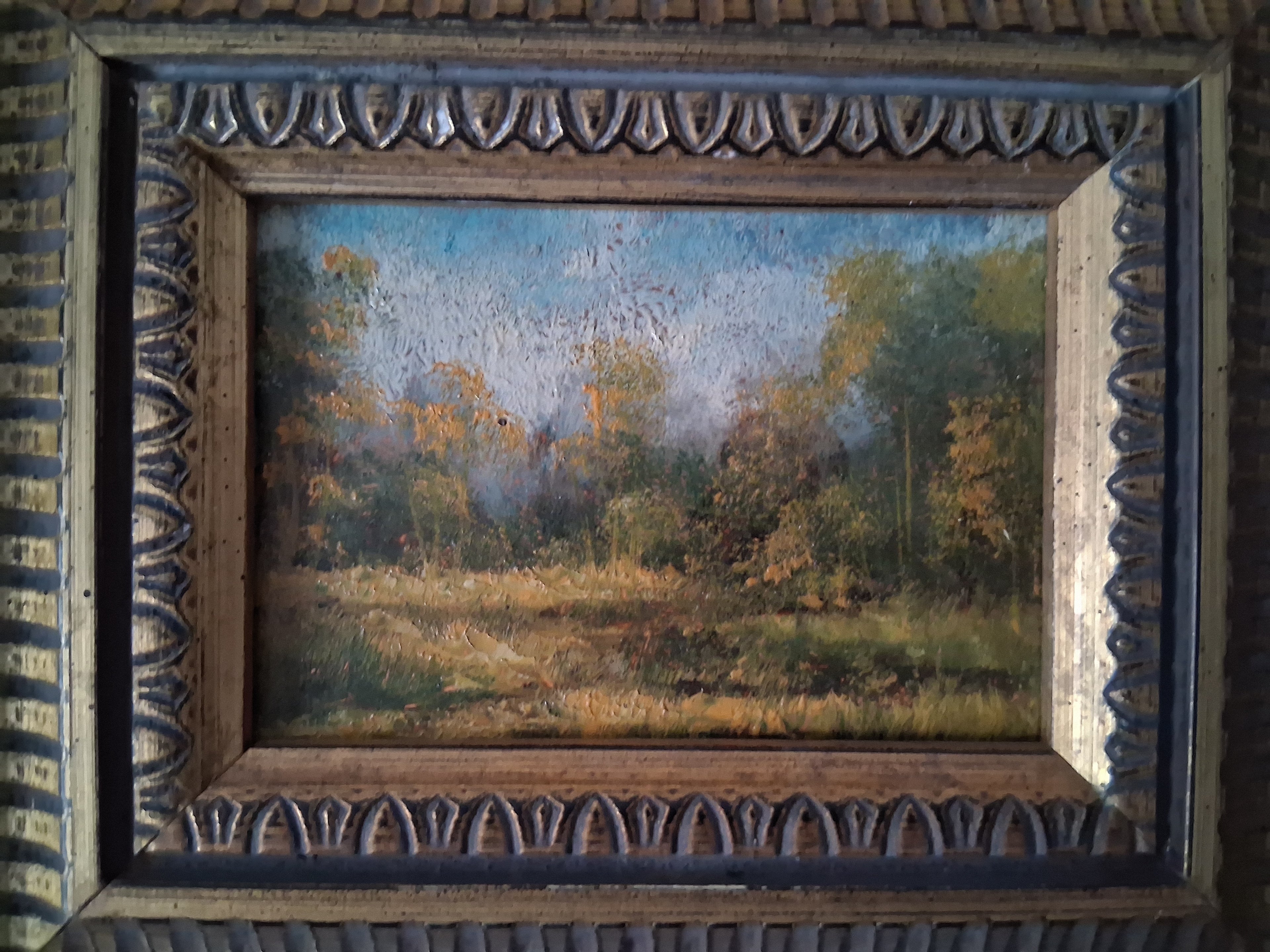 ORIGINAL Ölgemälde auf Karton inkl. antikem Rahmen | Waldlandschaft / Natur / Bäume | 26x22 cm