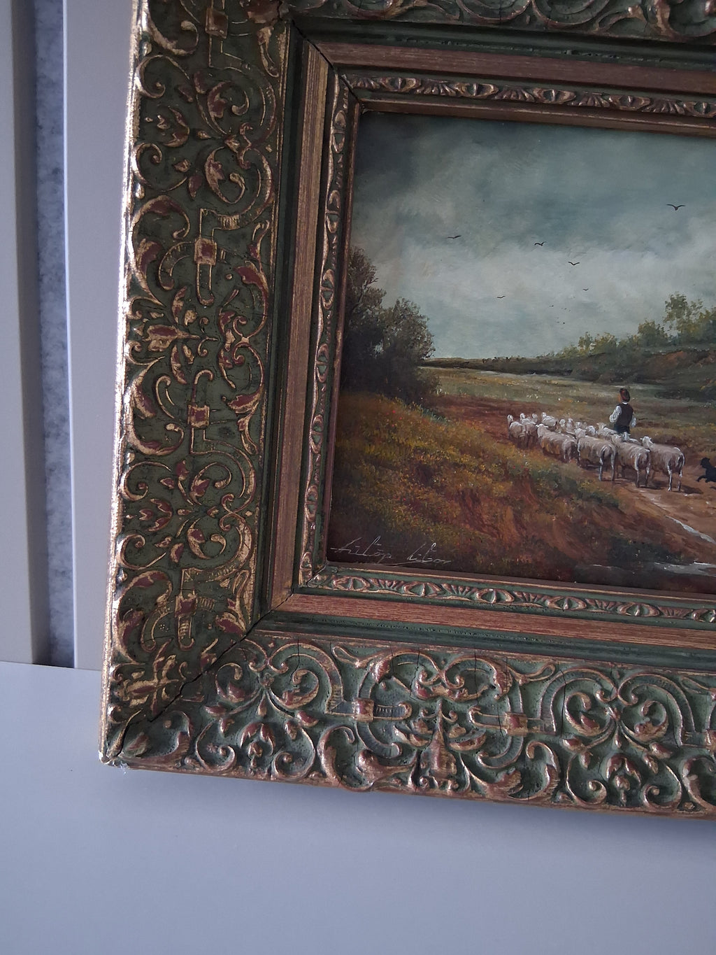 Altes Ölgemälde handgemalt mit antikem Rahmen | Schafherde auf dem Landweg | ORIGINAL & Signiert