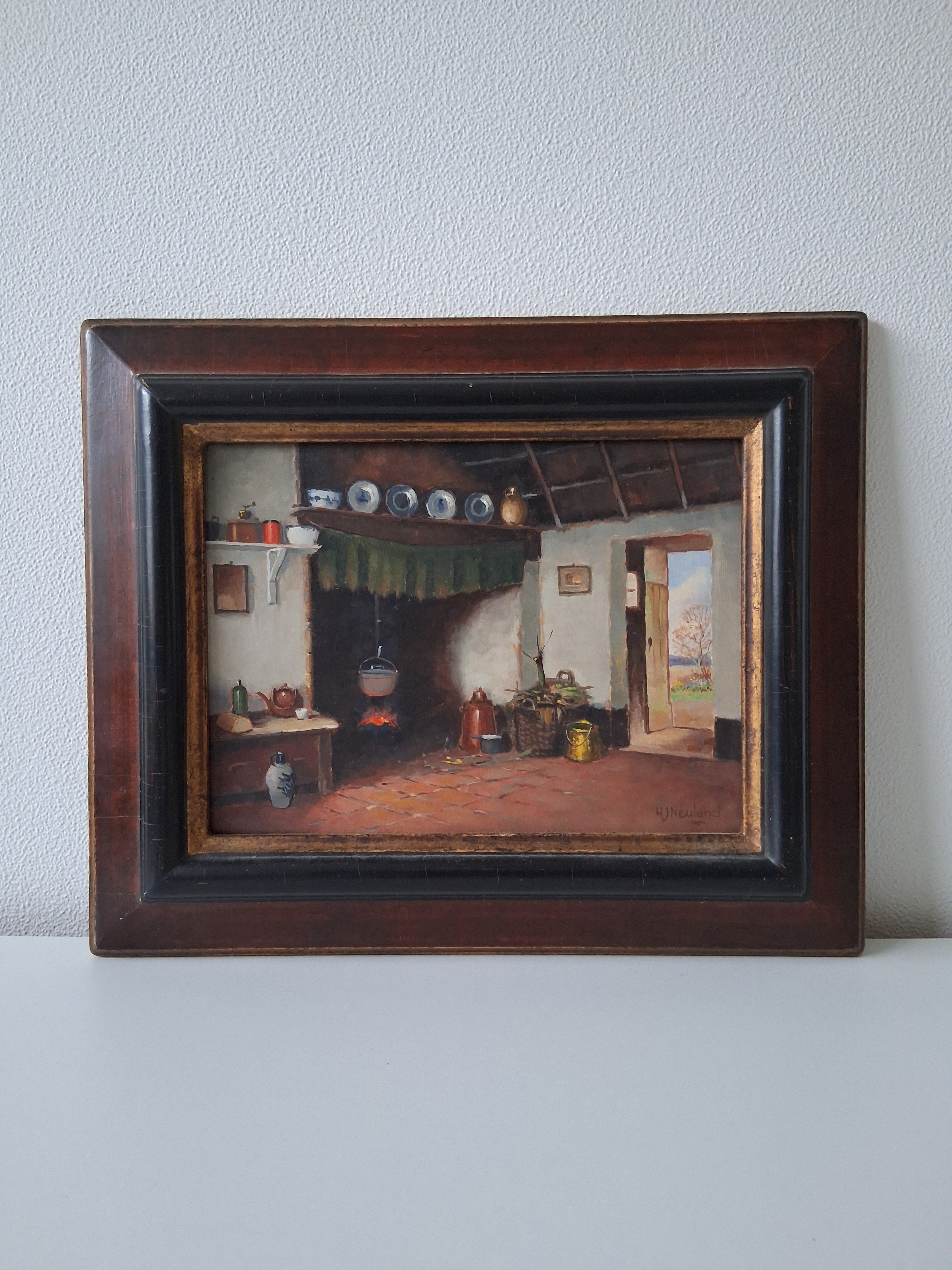 HENDRIK-JAN NEULAND (1928-2009) | Bauernhaus / Feuerstelle | ORIGINAL Ölgemälde auf Holzplatte