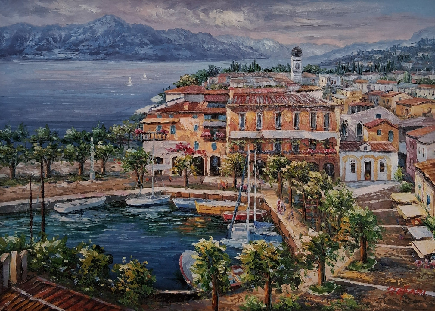 ORIGINAL Ölgemälde auf Leinwand | Torri del Benaco / Gardasee / Italien | 70x50 cm | Signiert: STEFANI