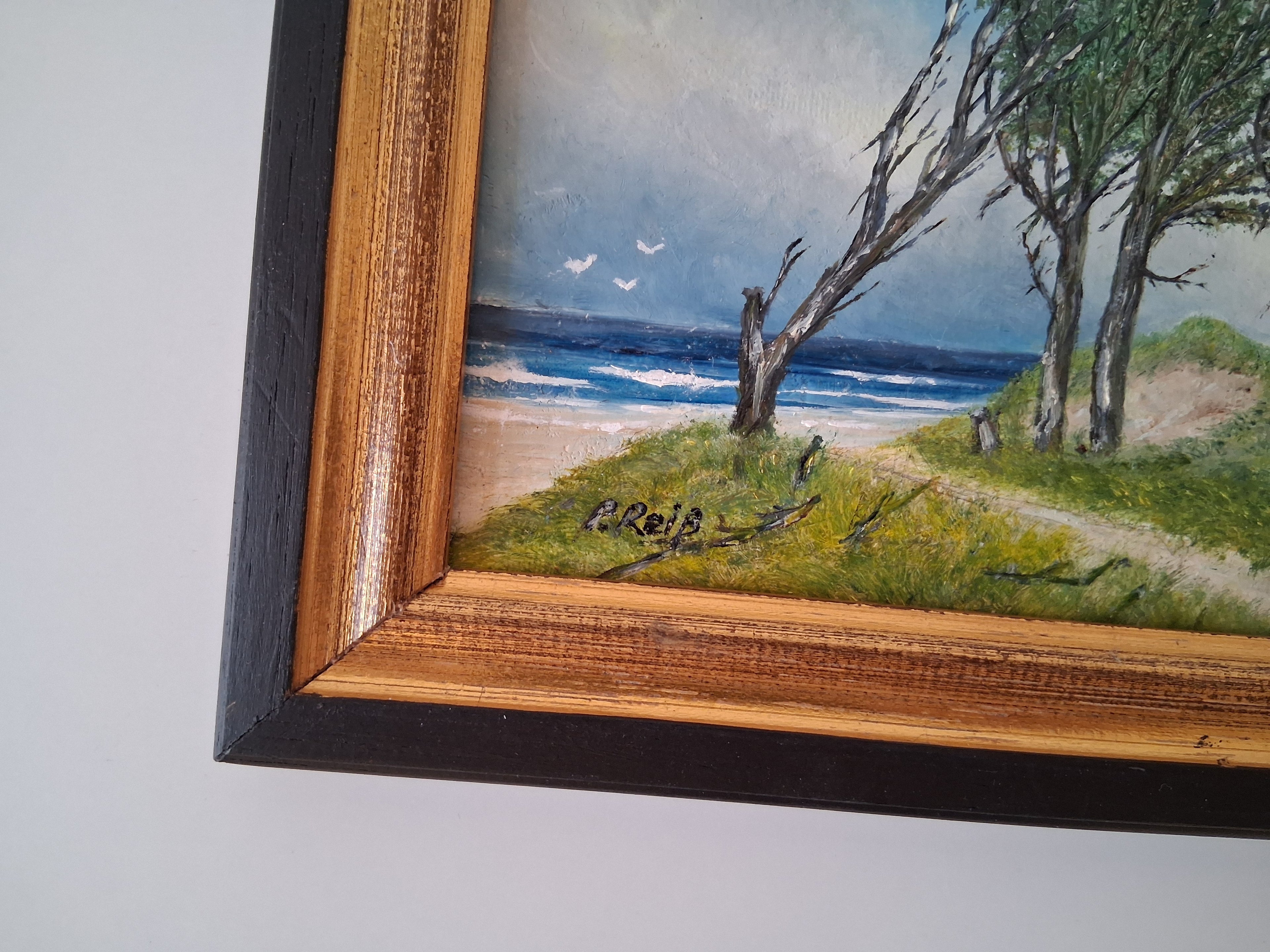ORIGINAL Ölgemälde auf Karton inkl. Rahmen | Küstenlandschaft / Meer | 25x20 cm | Signiert