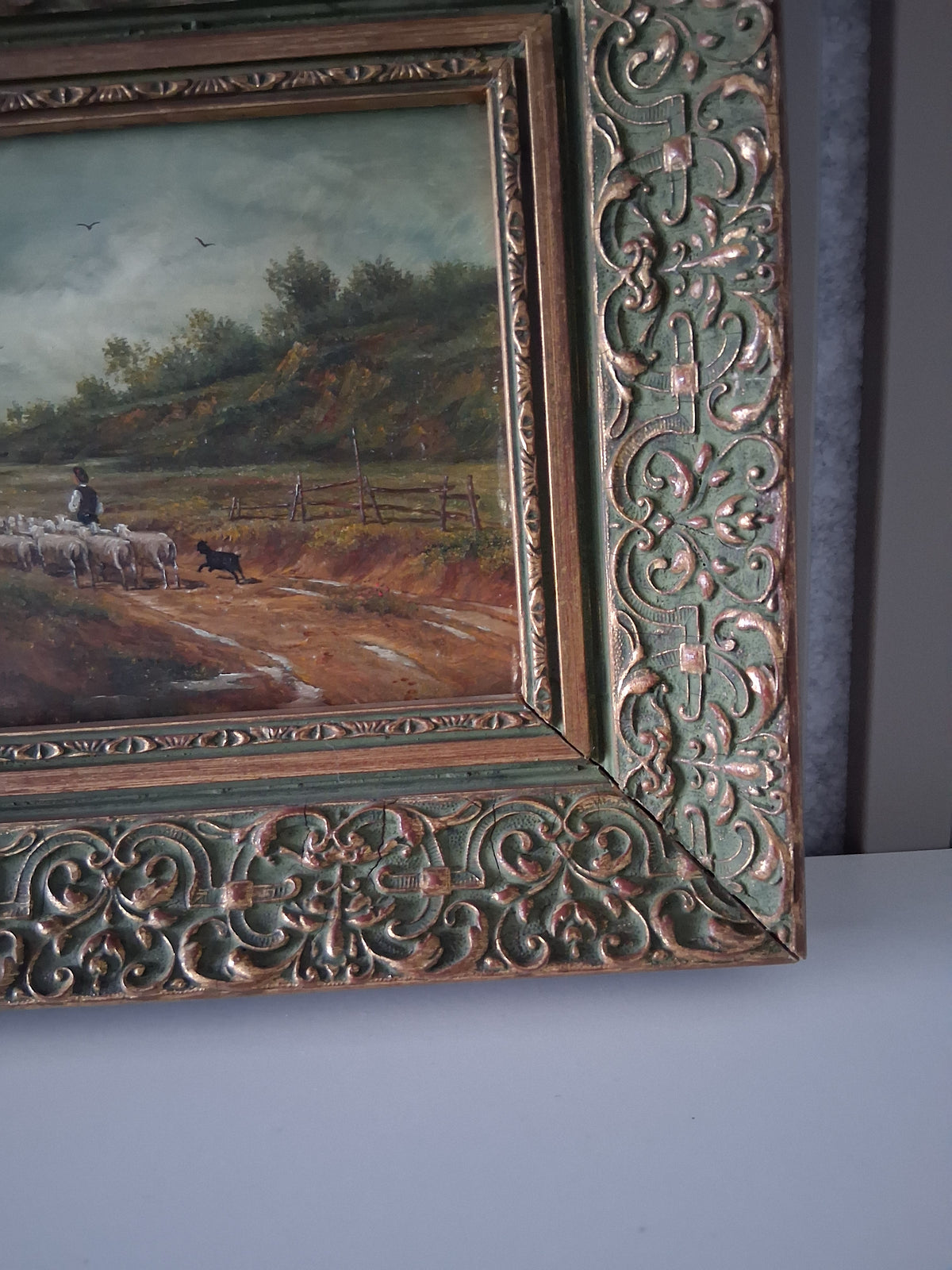 Altes Ölgemälde handgemalt mit antikem Rahmen | Schafherde auf dem Landweg | ORIGINAL & Signiert