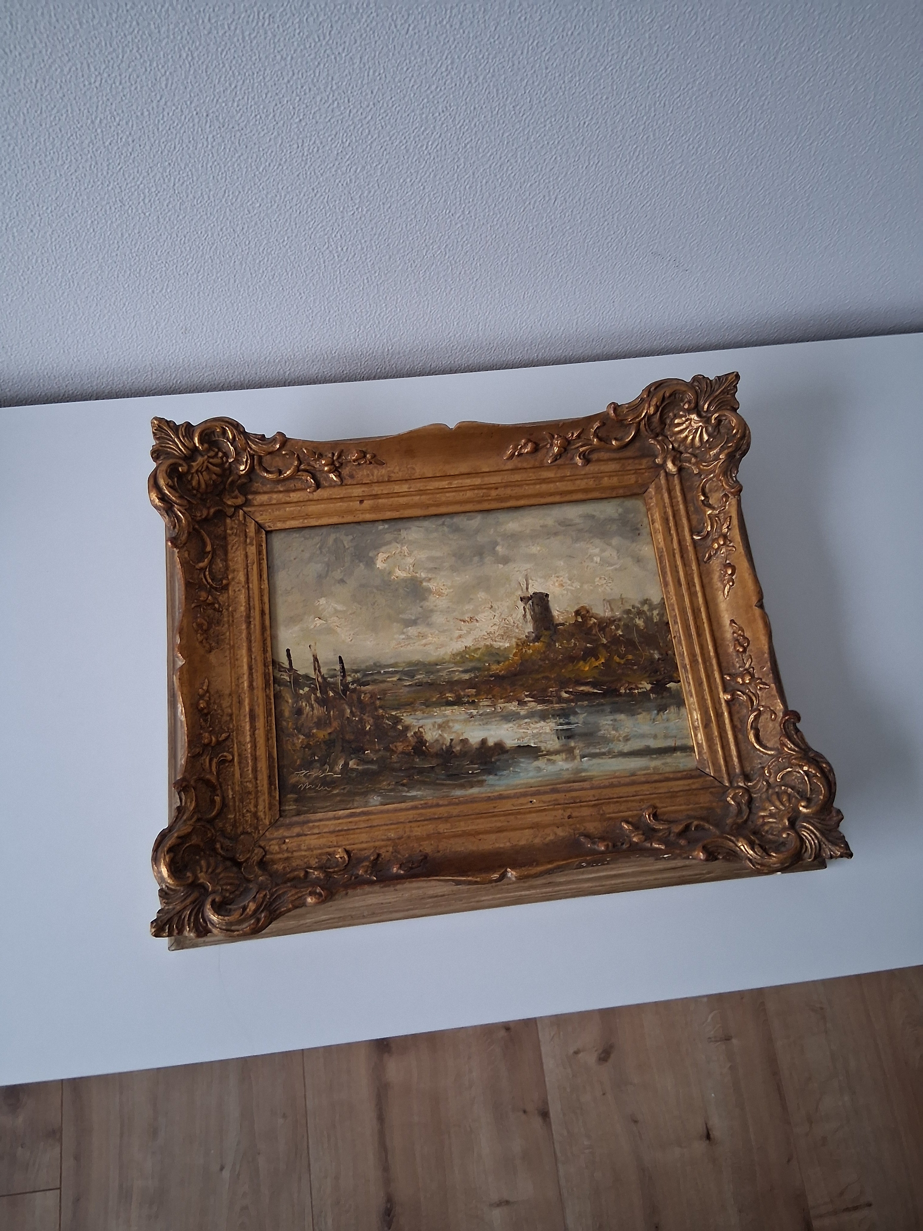 ORIGINAL Ölgemälde auf Holzplatte inkl. antikem Rahmen | Fluss / Landschaft / Windmühle | Signiert