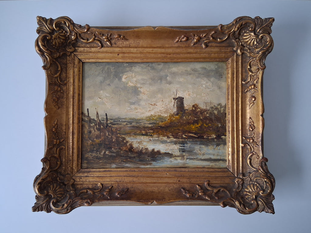 ORIGINAL Ölgemälde auf Holzplatte inkl. antikem Rahmen | Fluss / Landschaft / Windmühle | Signiert