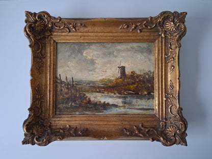ORIGINAL Ölgemälde auf Holzplatte inkl. antikem Rahmen | Fluss / Landschaft / Windmühle | Signiert