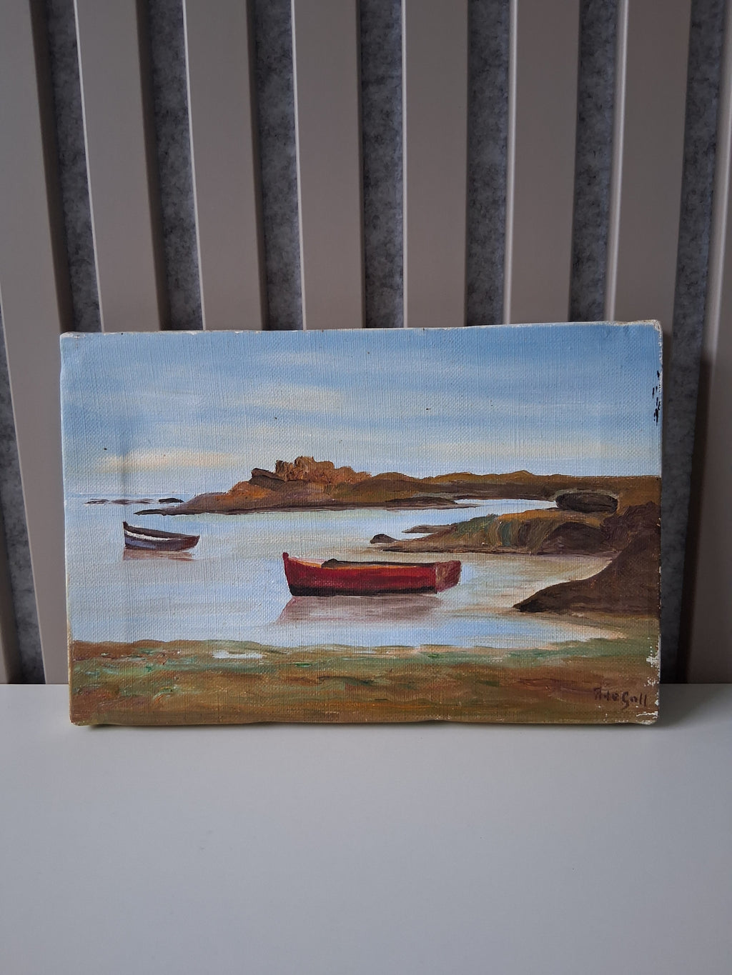 ORIGINAL Ölgemälde auf Leinwand | Bucht mit Fischerbooten in der Bretagne | 24x16 cm | Signiert