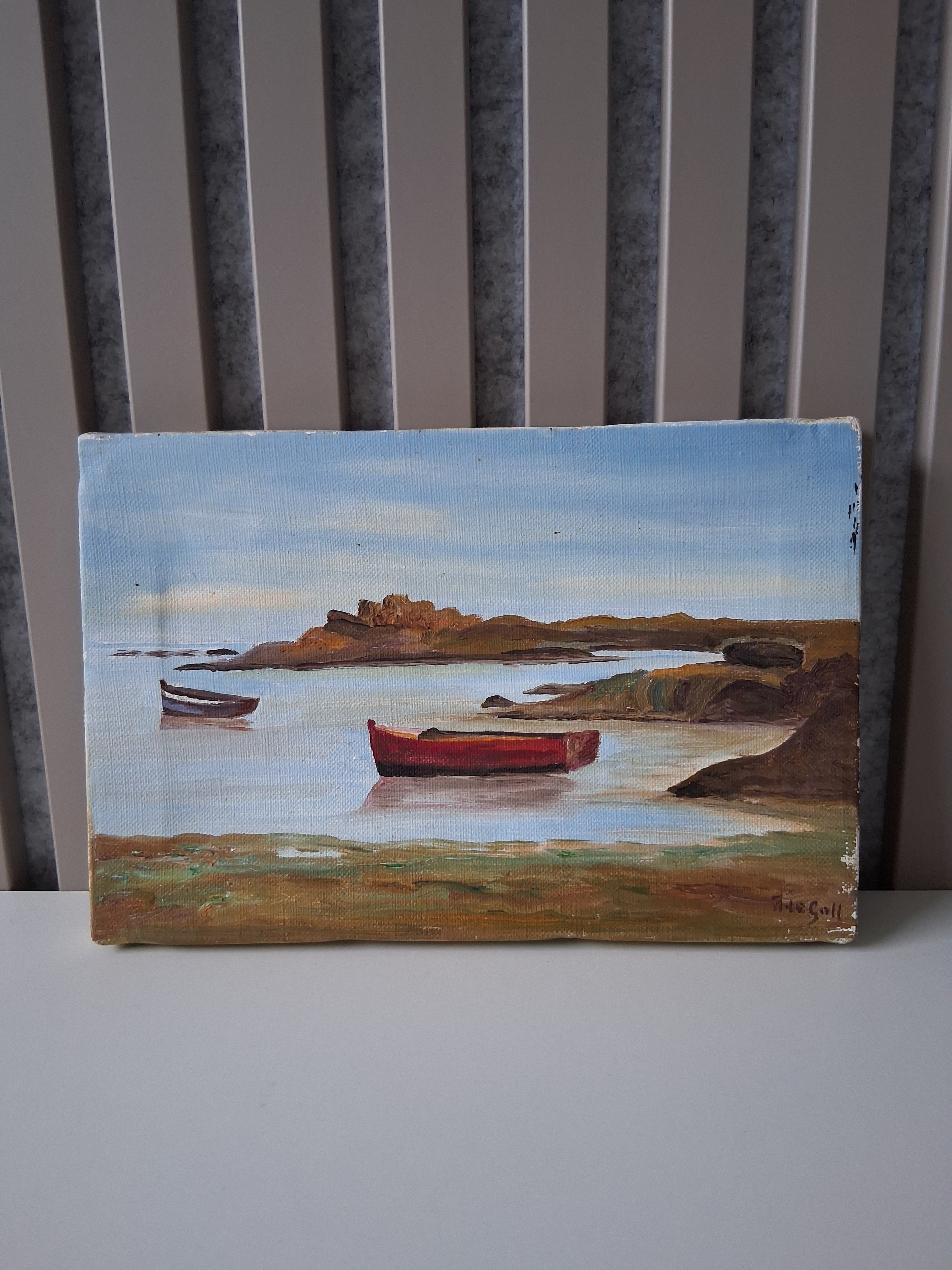 ORIGINAL Ölgemälde auf Leinwand | Bucht mit Fischerbooten in der Bretagne | 24x16 cm | Signiert