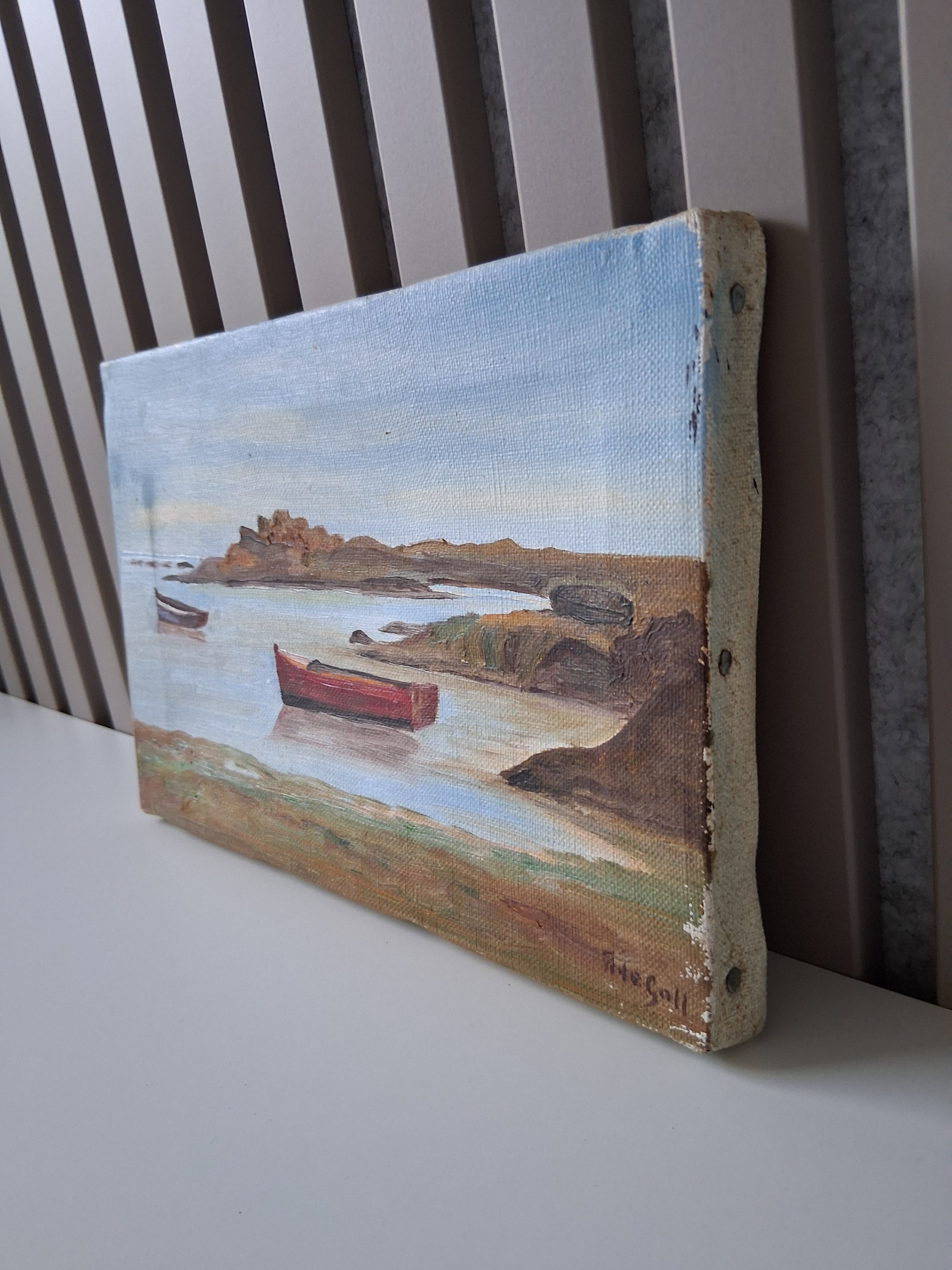 ORIGINAL Ölgemälde auf Leinwand | Bucht mit Fischerbooten in der Bretagne | 24x16 cm | Signiert