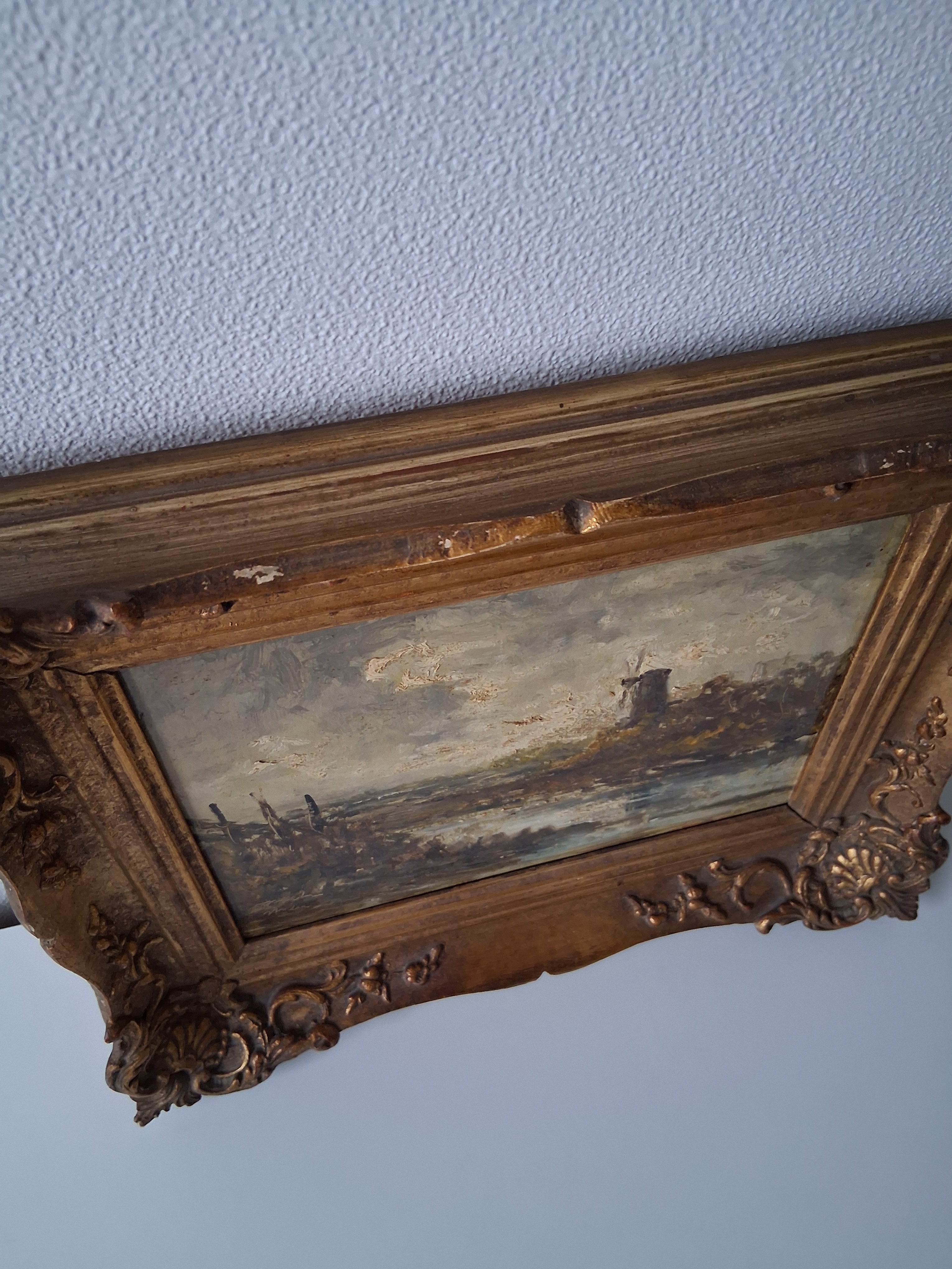 ORIGINAL Ölgemälde auf Holzplatte inkl. antikem Rahmen | Fluss / Landschaft / Windmühle | Signiert