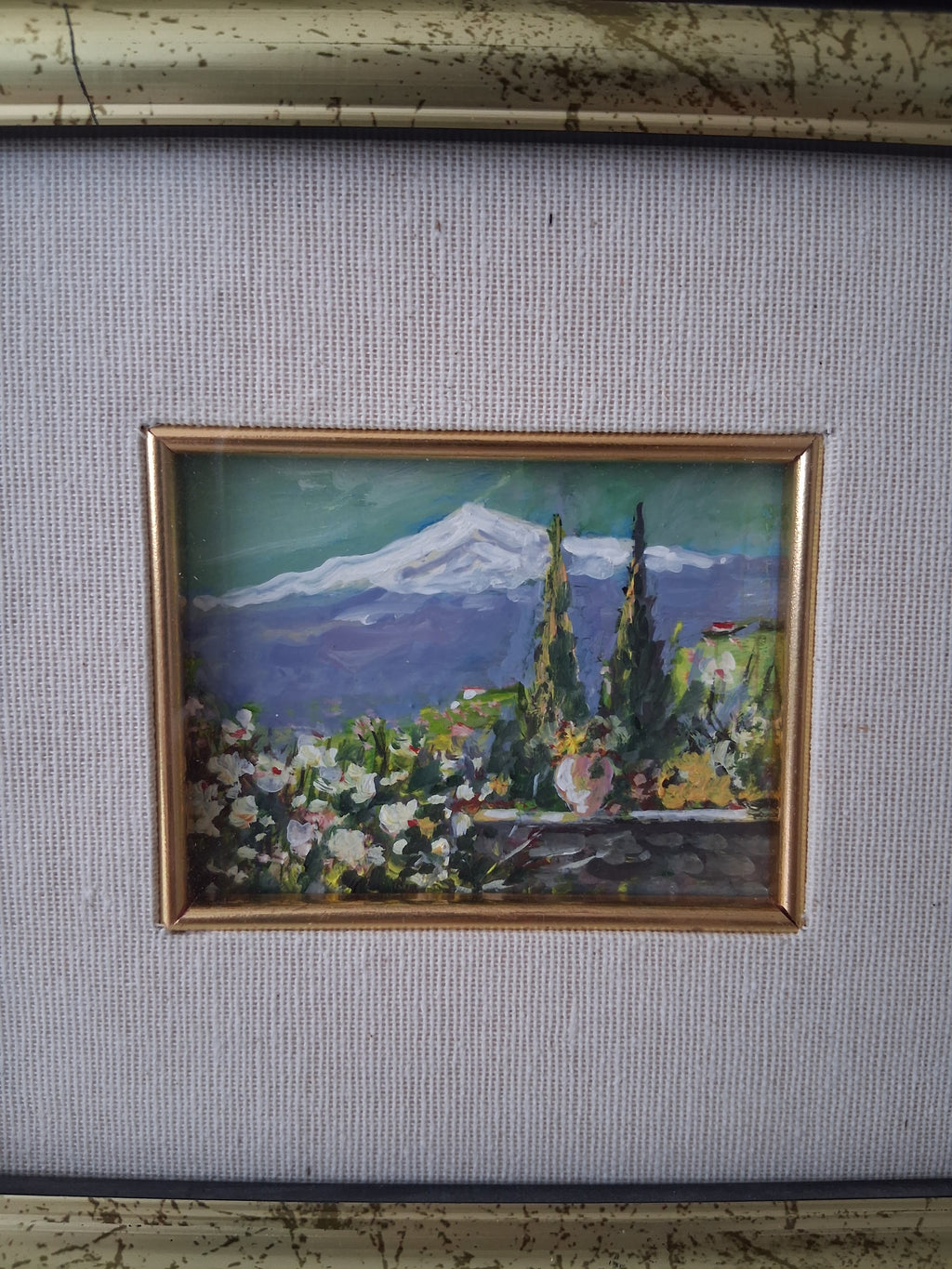 ORIGINAL Ölgemälde auf Holzplatte inkl. Rahmen | Taormina mit Ätna / Sizilien / Italien | 25x23 cm | Signiert