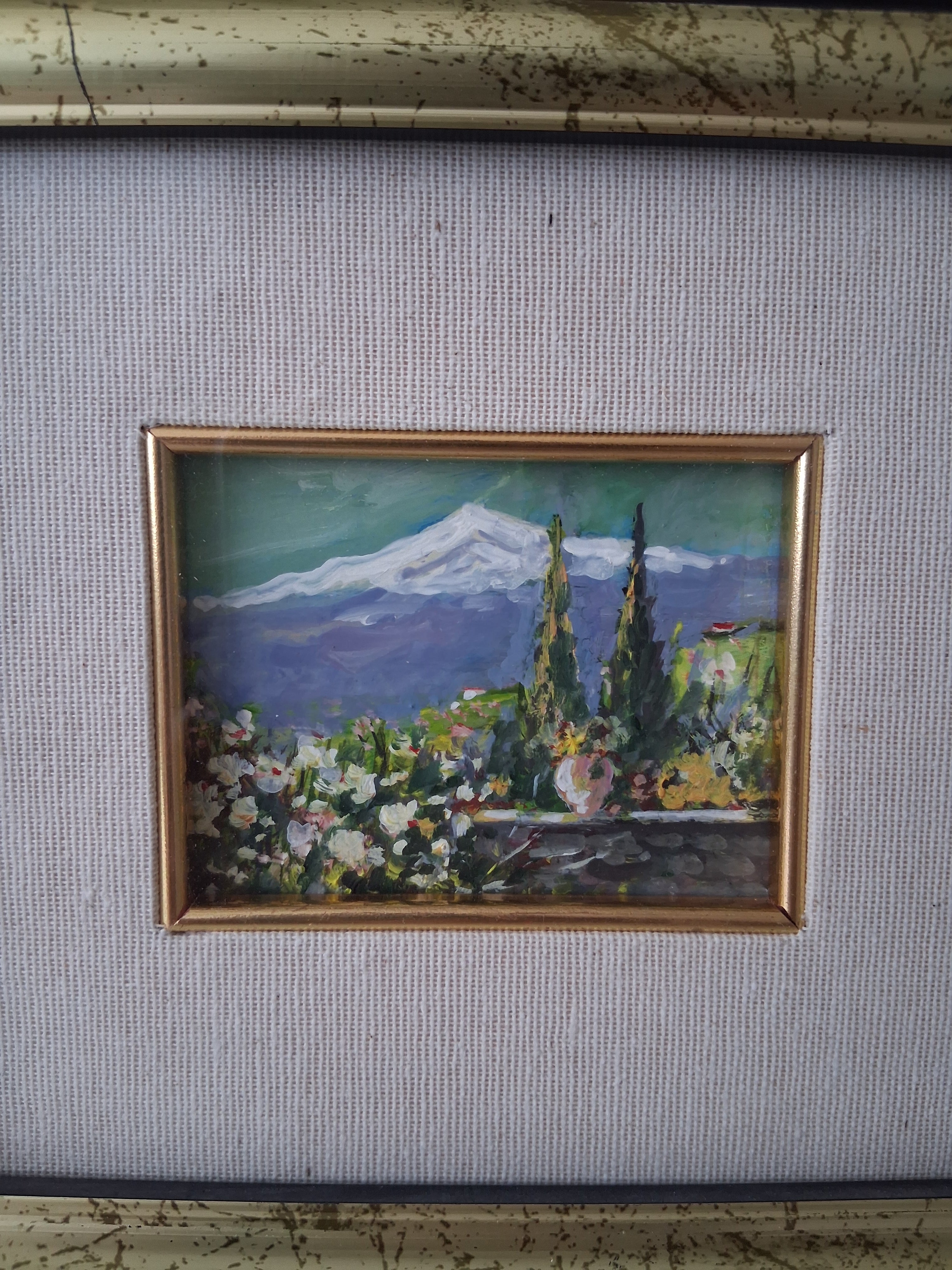 ORIGINAL Ölgemälde auf Holzplatte inkl. Rahmen | Taormina mit Ätna / Sizilien / Italien | 25x23 cm | Signiert