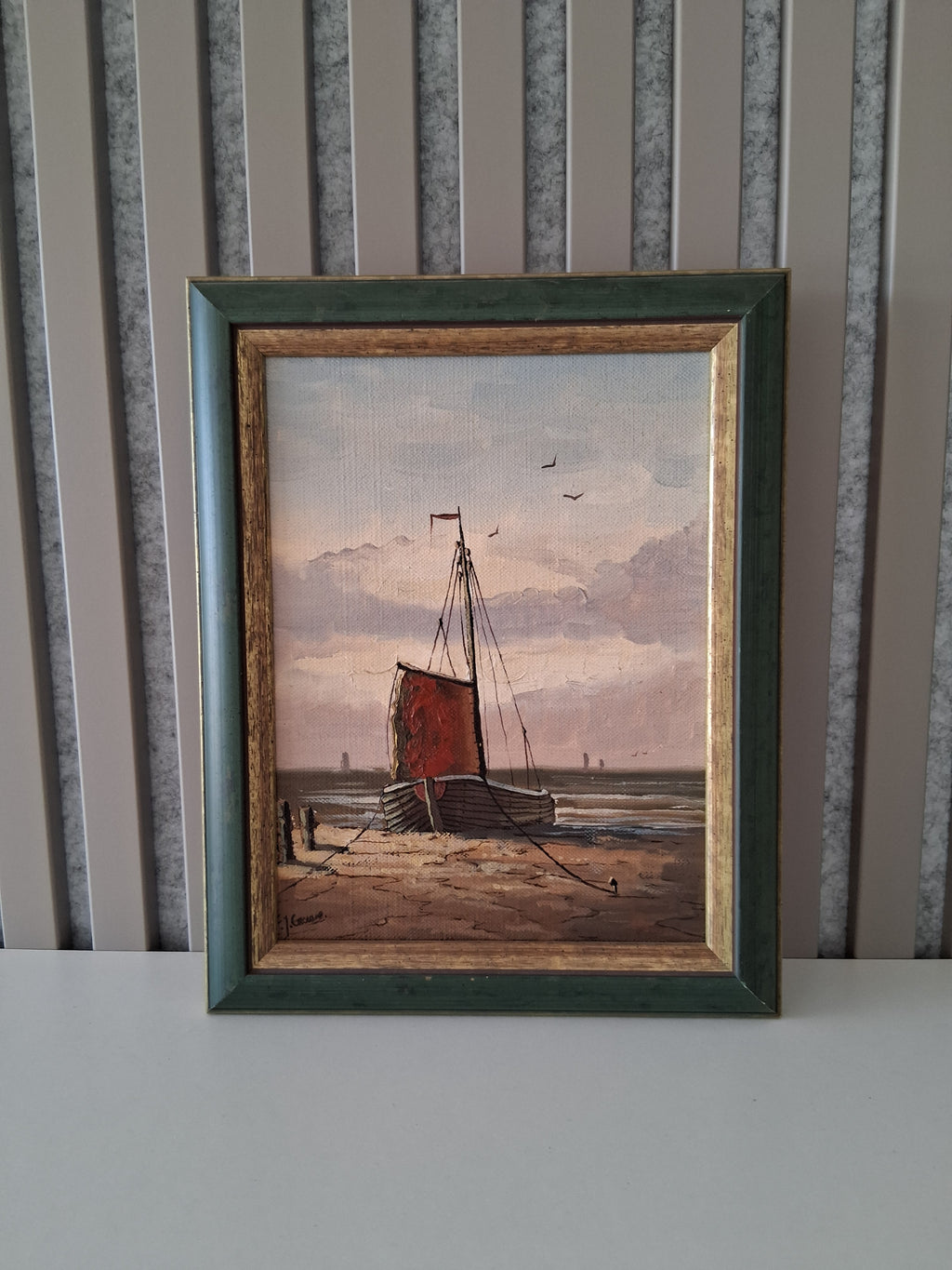 Altes Ölgemälde handgemalt mit Rahmen | Bomschuit / Fischerboot am Strand | ORIGINAL & Signiert